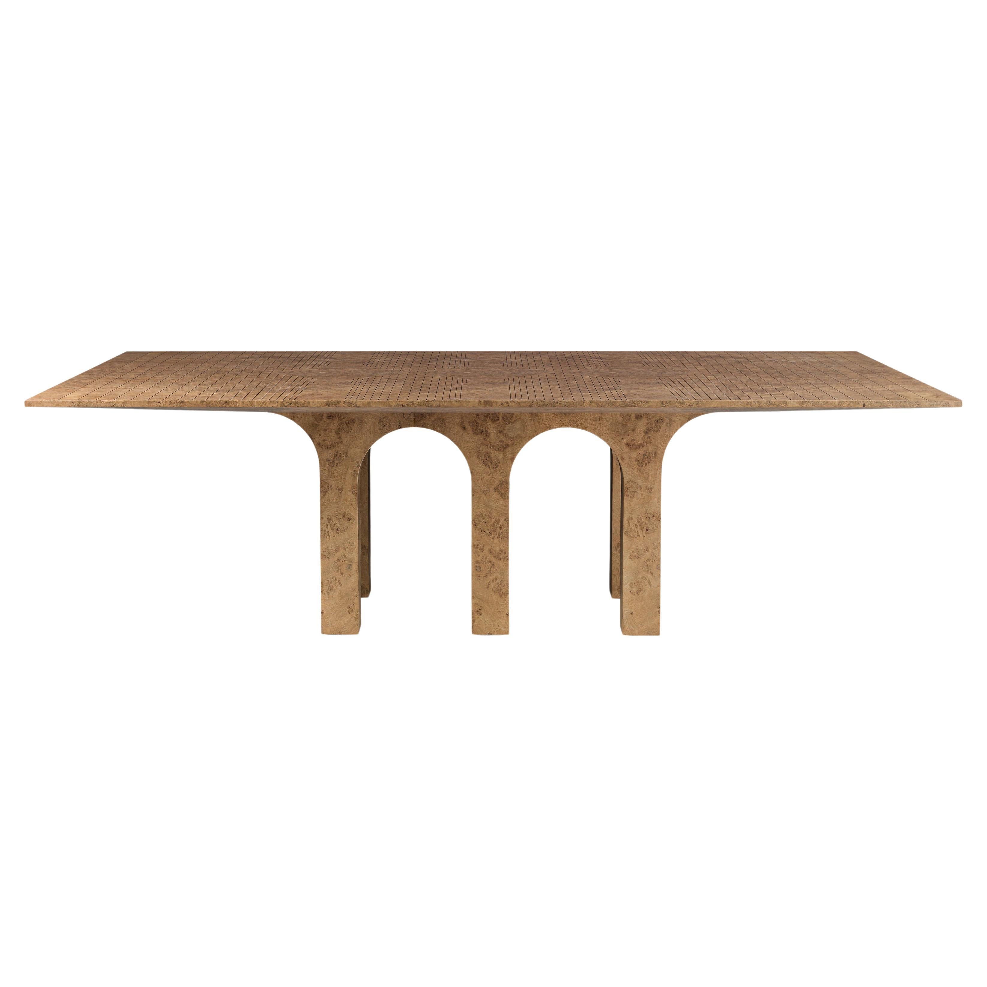ARCHI Dining Table in Oak Burl and Ebony Inlays - Arches Shaped Legs For Sale