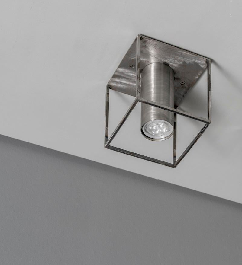 Archi Square Single Raw Steel Ceiling Lamp by +kouple
Dimensions: D 13 x W 13 x H 13,8 cm. 
Materials: Raw steel.

Available in different color options. Please contact us.

All our lamps can be wired according to each country. If sold to the USA it