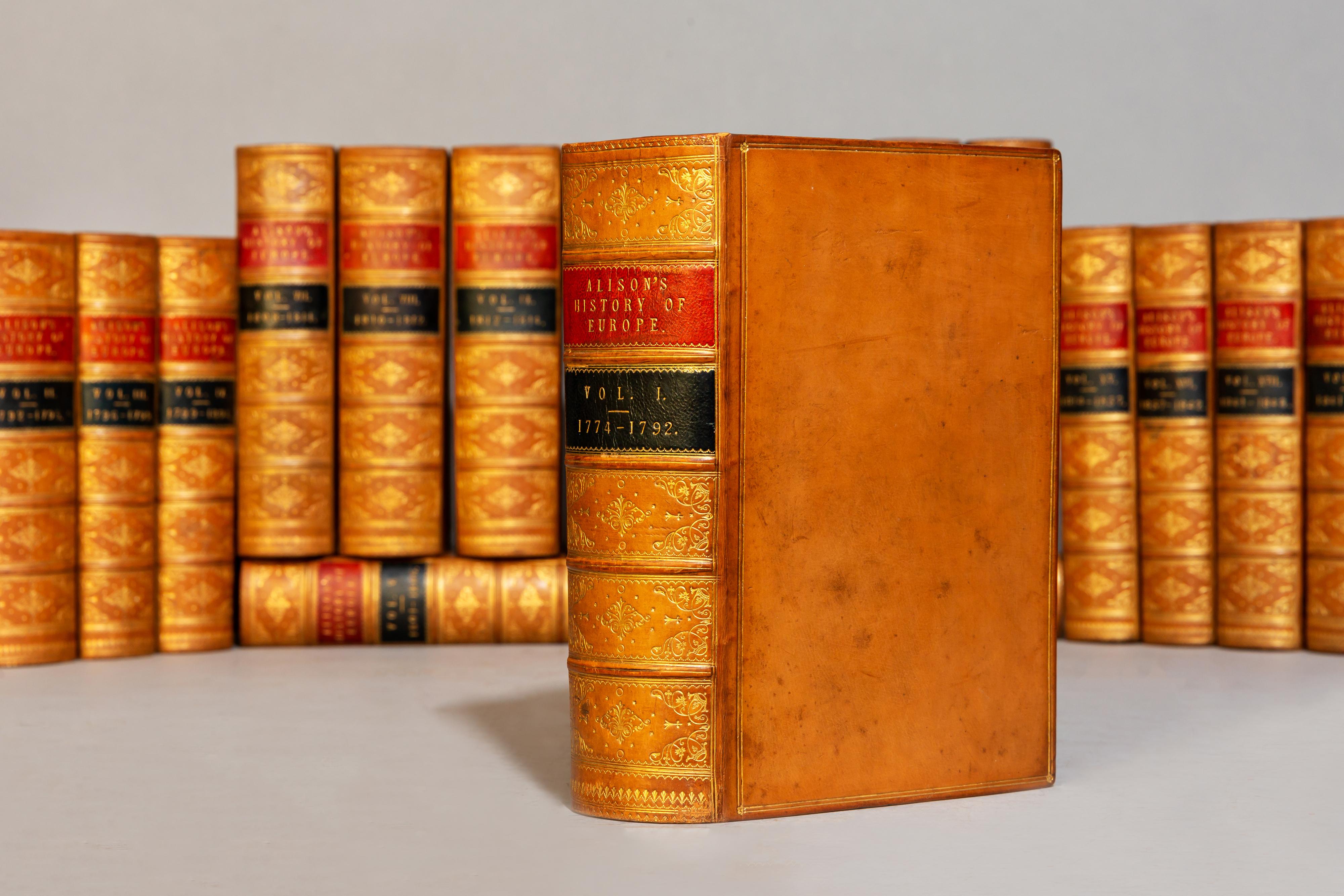19 volumes

From The Commencement Of The French Revolution.
Bound in full tan polished calf by W.J. Mansell, marbled edges, raised bands, ornate gilt on spines, labels. 

Published: Edinburgh & London: William Blackwood & Sons 1843-59.