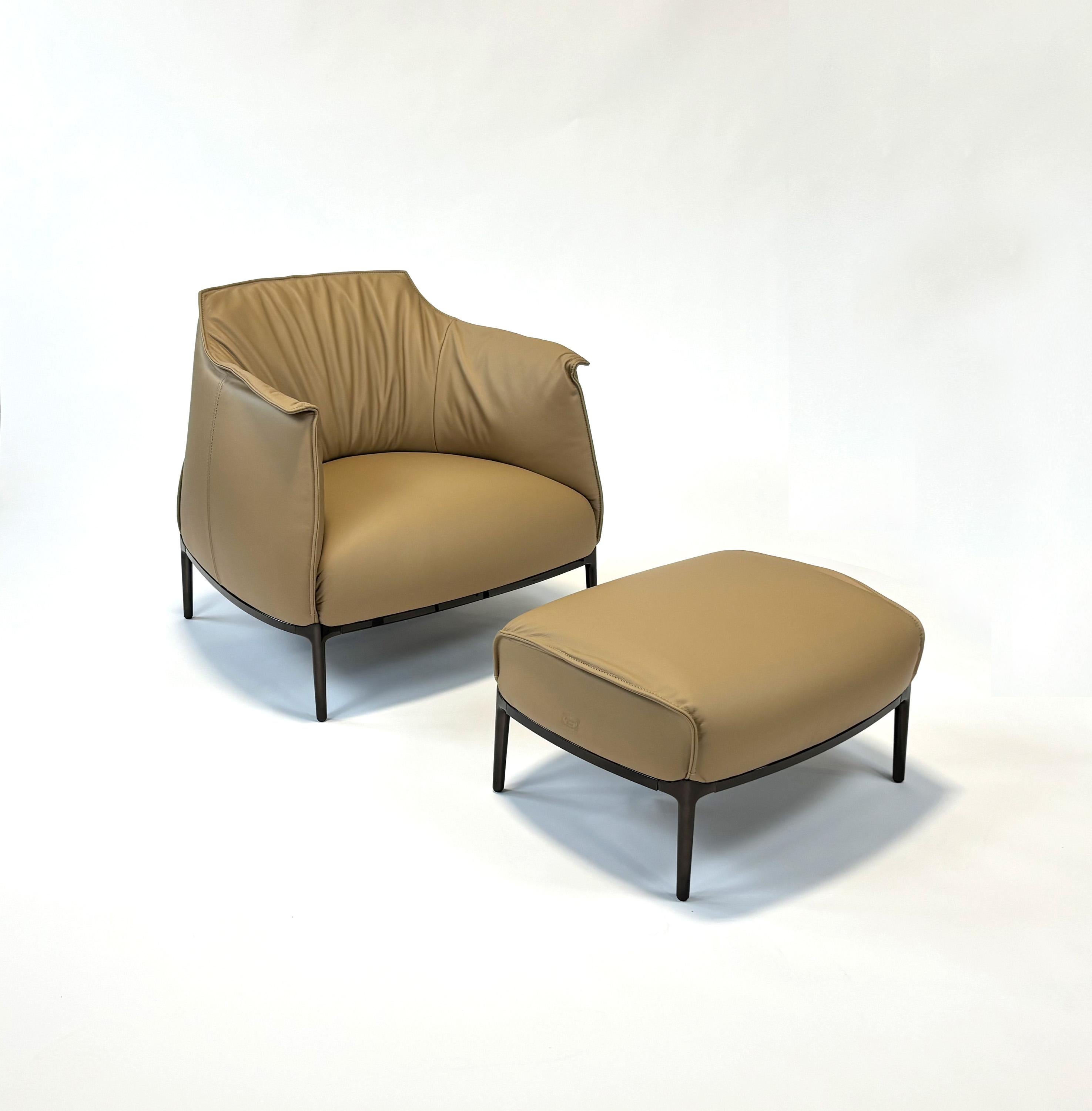 Archibald Chair & Ottoman by Jean-Marie Massaud for Poltrona Frau
2009 / 2024
Upholstered in Poltrona Frau Color Sphere Leather in Camel Hair Color
Steel Frame & Aluminum Feet in Gunmetal Grey Finish 