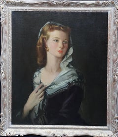Portrait of a Lady with Covered Head - British art 1940 portrait oil painting