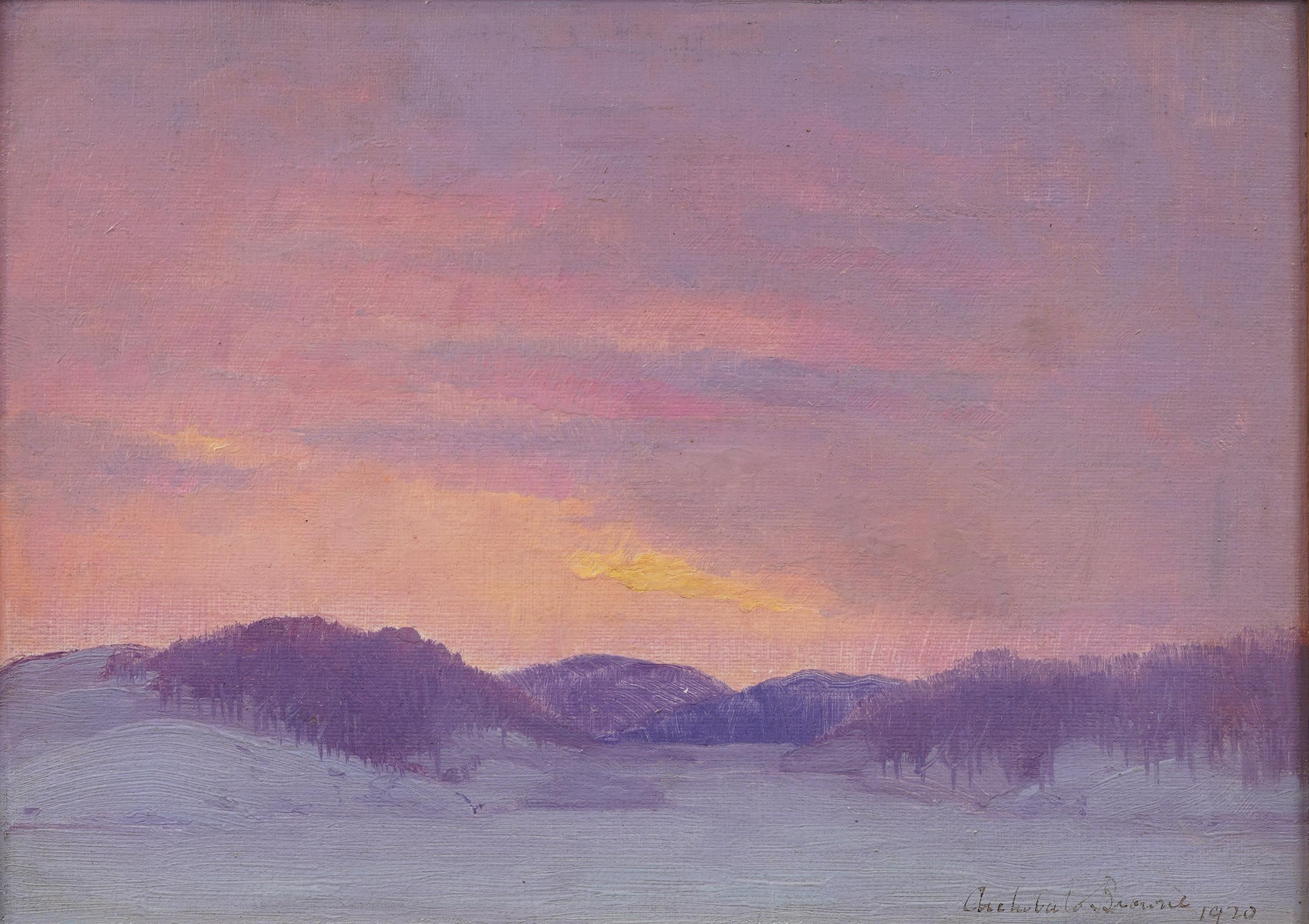 Antiguo Canadiense Atardecer de Invierno Paisaje Nevado Panorámica Rara Pintura al Óleo Enmarcada - Landscape Painting Marrón de Archibald Browne