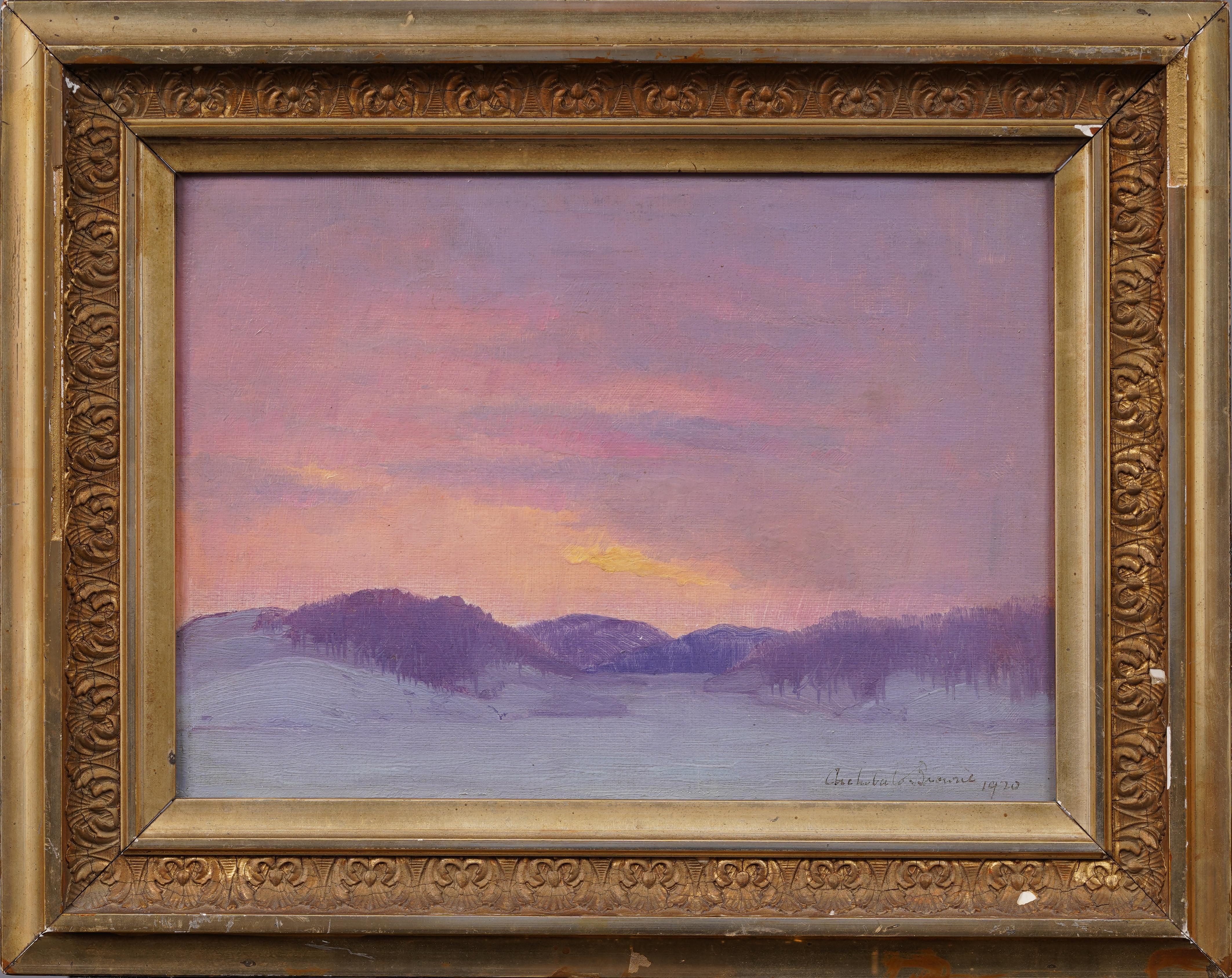 Landscape Painting de Archibald Browne - Antiguo Canadiense Atardecer de Invierno Paisaje Nevado Panorámica Rara Pintura al Óleo Enmarcada