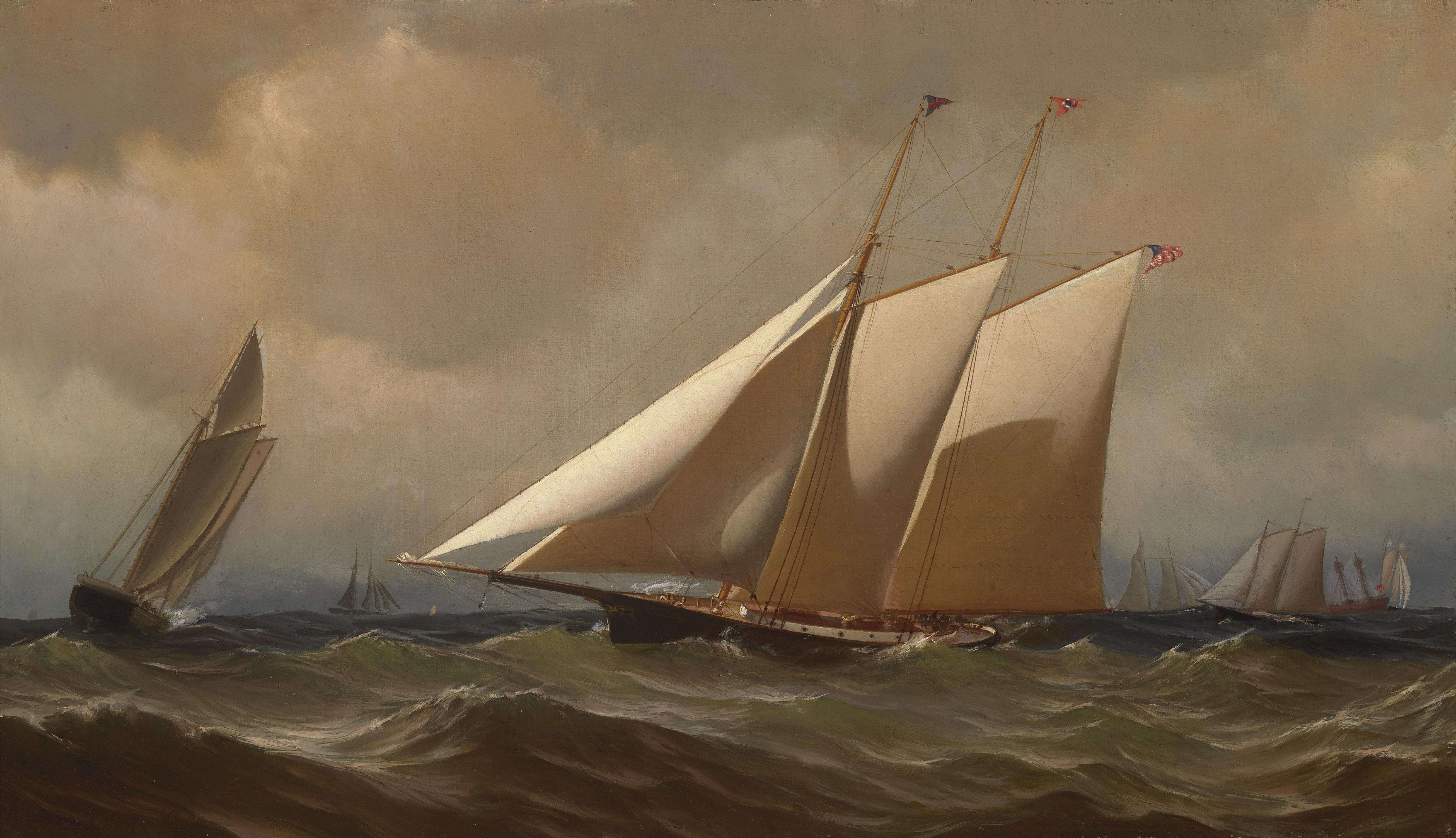 Racing Yacht Comet Off New York, Oil on Canvas, Framed, 1879