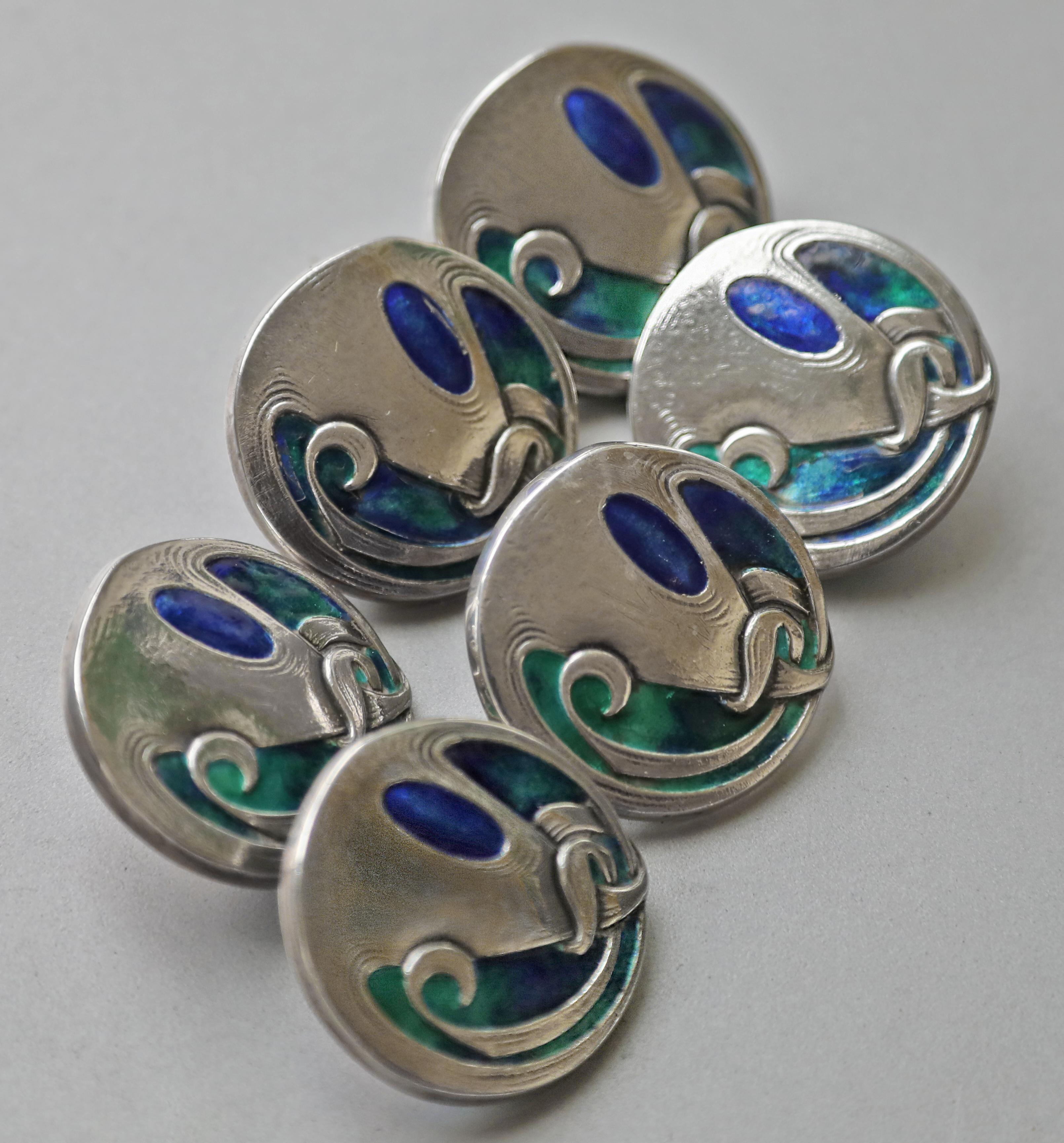 Art Nouveau Archibald Knox 'Cymric' Silver & Enamel Cased Large Buttons For Sale