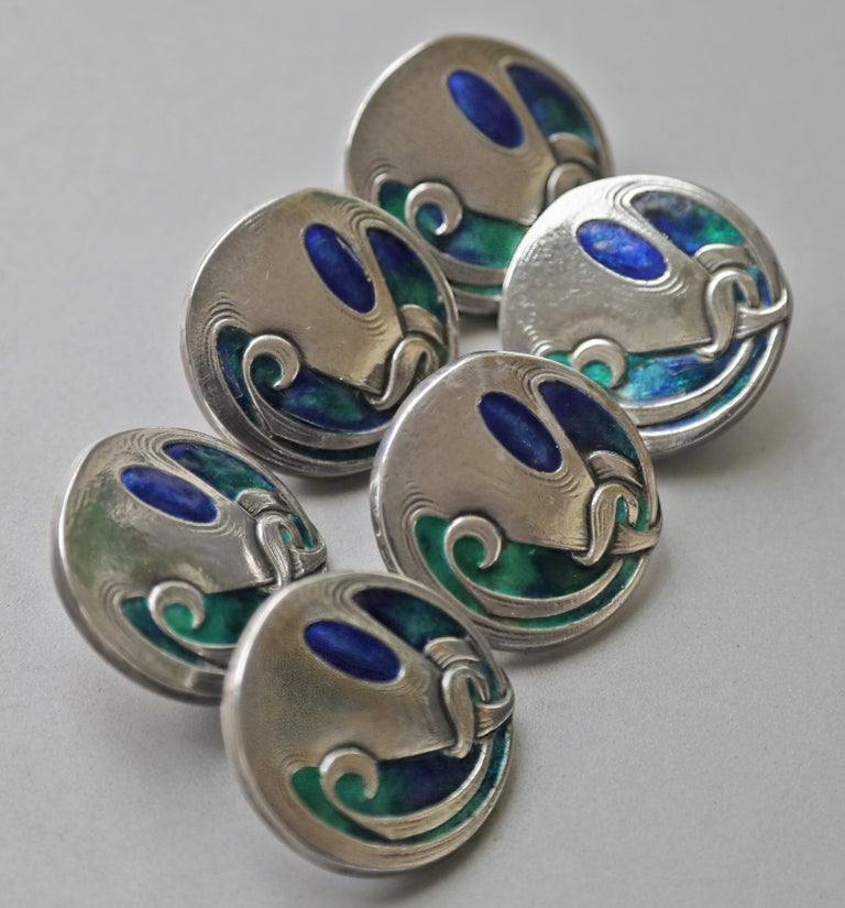 Archibald Knox 'Cymric' Silver and Enamel Cased Large Buttons For Sale