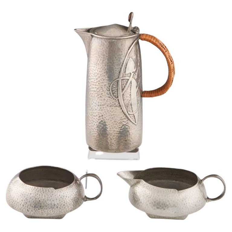 Archibald Knox For Liberty Tudric Pewter Hot Water Jug With Sugar Bowl And  Cream For Sale at 1stDibs