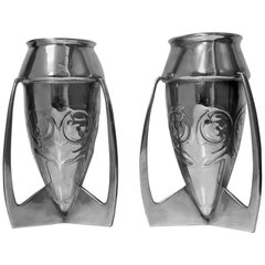 Archibald Knox Liberty and Co. Pair of Iconic Pewter Bombe Vases, circa 1902