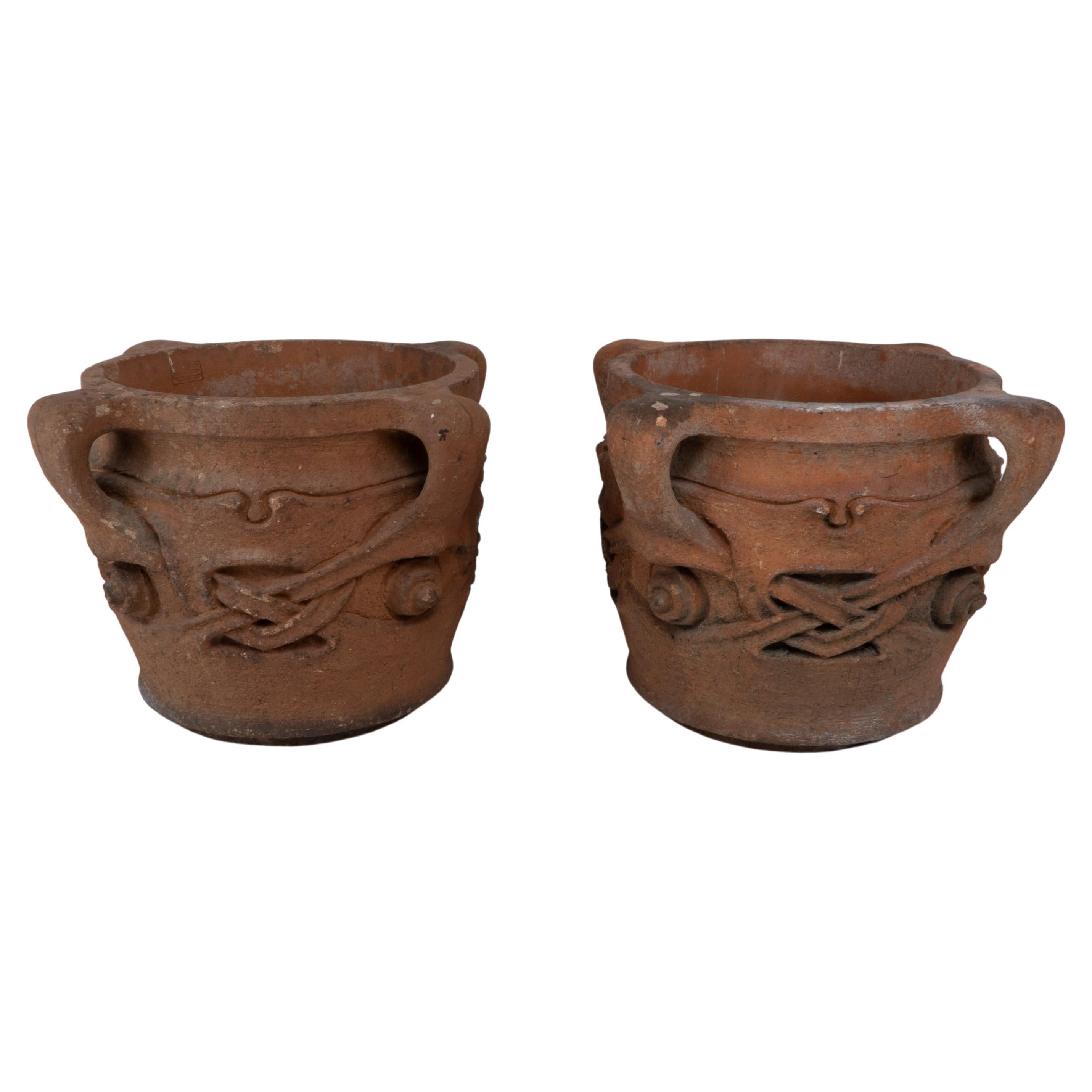 Archibald Knox. Liberty & Co. A rare & original pair of terracotta Olaf planters For Sale