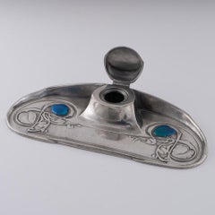 Archibald Knox Tudric Pewter and Enamel Inkwell c1905