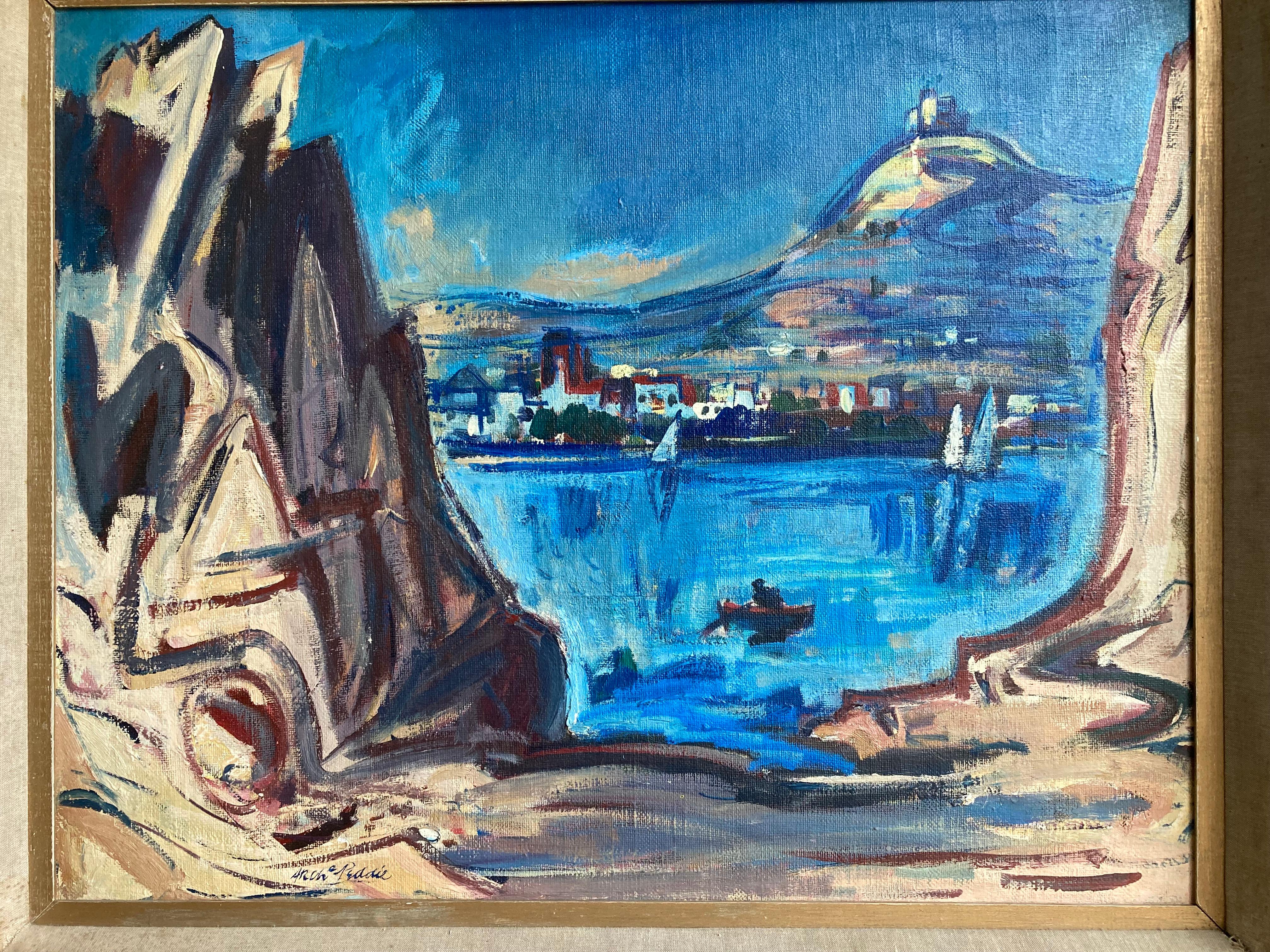 A very striking large scale view of a mountainous Mediterranean harbour.

Archibald Peddie (1917-1991)
Am extensive harbour scene
Signed and inscribed verso
Oil on board
29 x 35½ inches unframed
31 x 37½ with the frame

Archibald Peddie 1917-1991