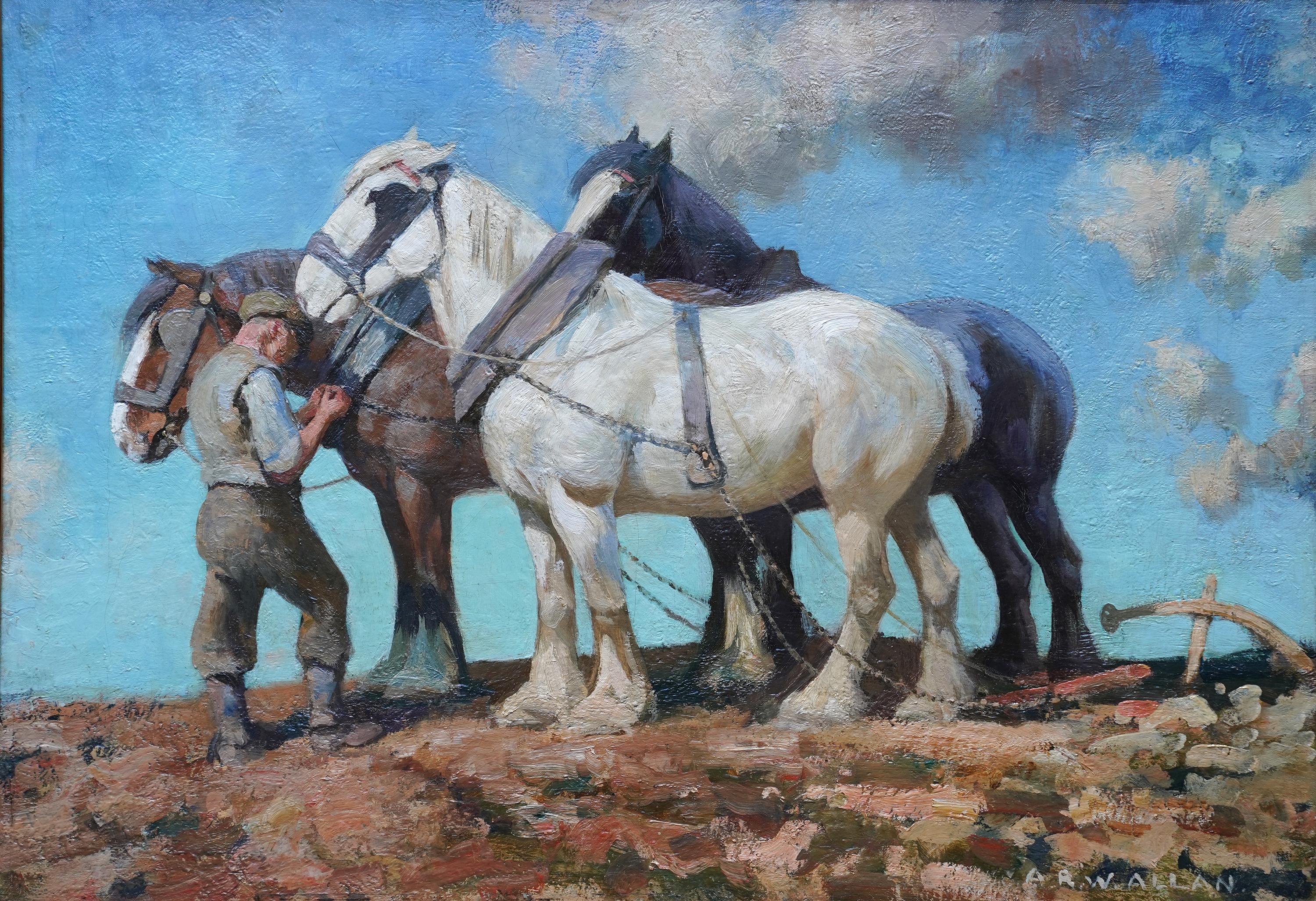Chevaux de labour et laboureur - peinture à l'huile impressionniste équine écossaise des années 40 en vente 8