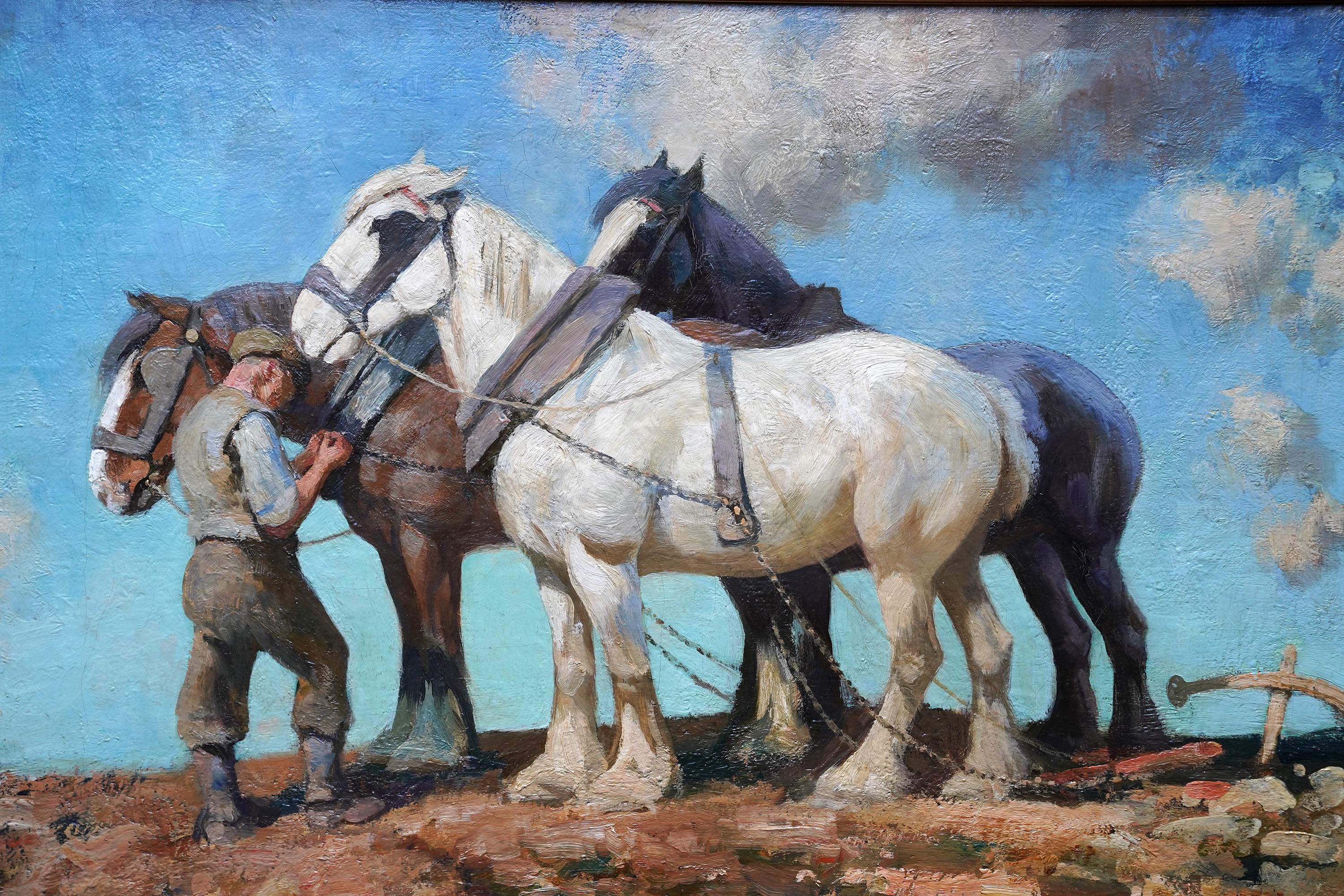 Chevaux de labour et laboureur - peinture à l'huile impressionniste équine écossaise des années 40 - Impressionnisme Painting par Archibald Russell Watson Allan