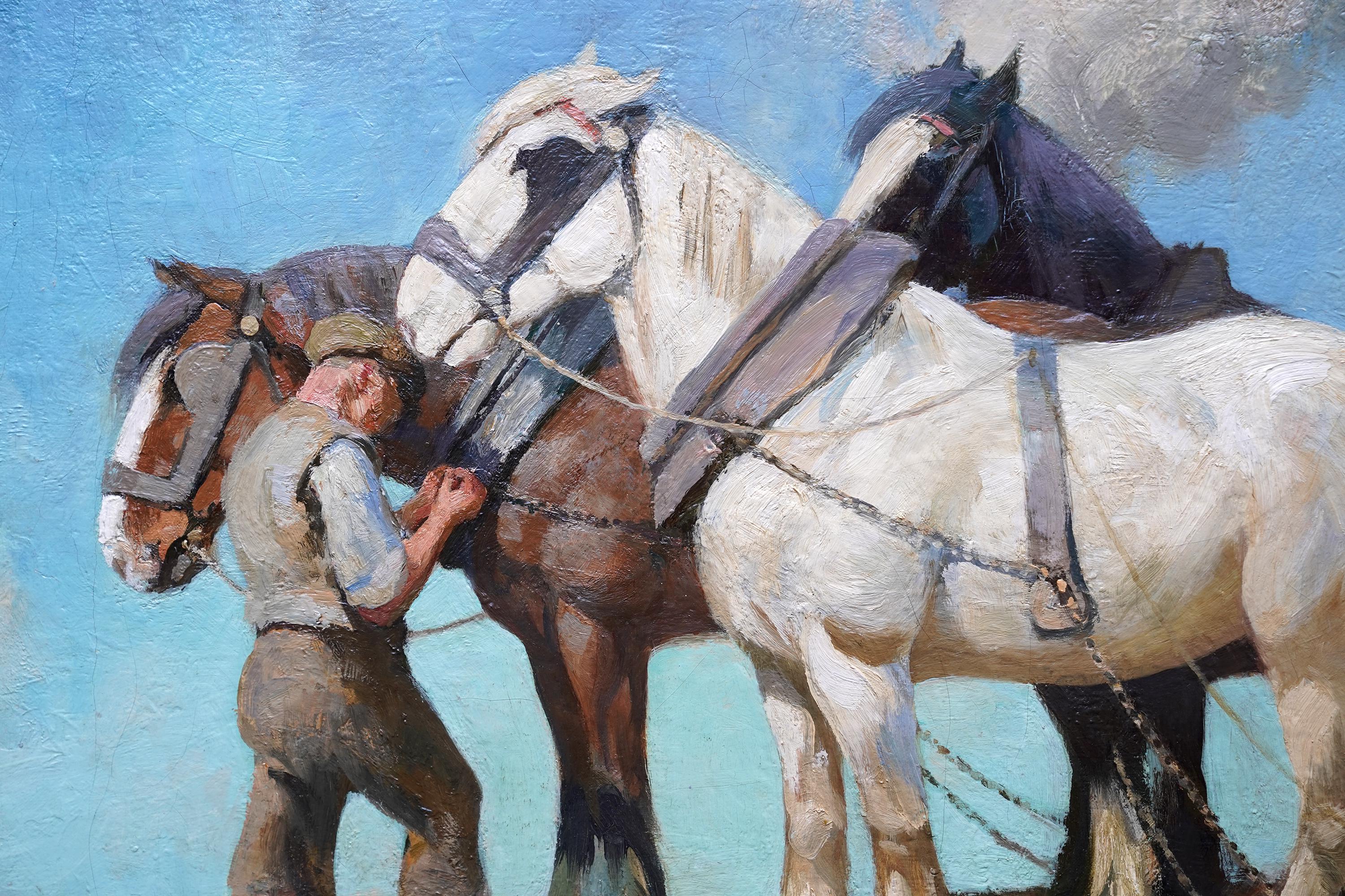 Chevaux de labour et laboureur - peinture à l'huile impressionniste équine écossaise des années 40 - Gris Portrait Painting par Archibald Russell Watson Allan