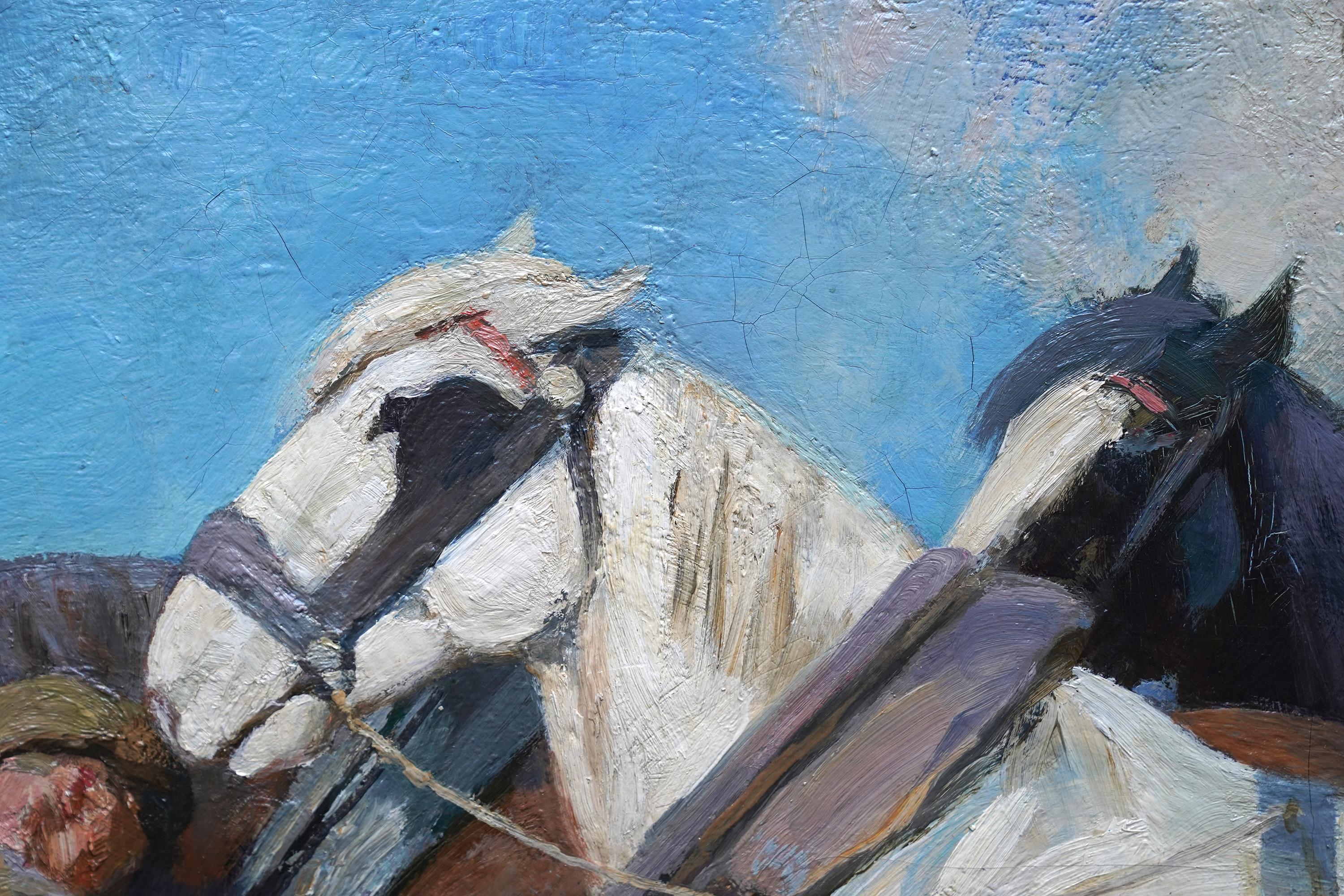 Chevaux de labour et laboureur - peinture à l'huile impressionniste équine écossaise des années 40 en vente 2