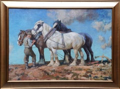 Chevaux de labour et laboureur - peinture à l'huile impressionniste équine écossaise des années 40