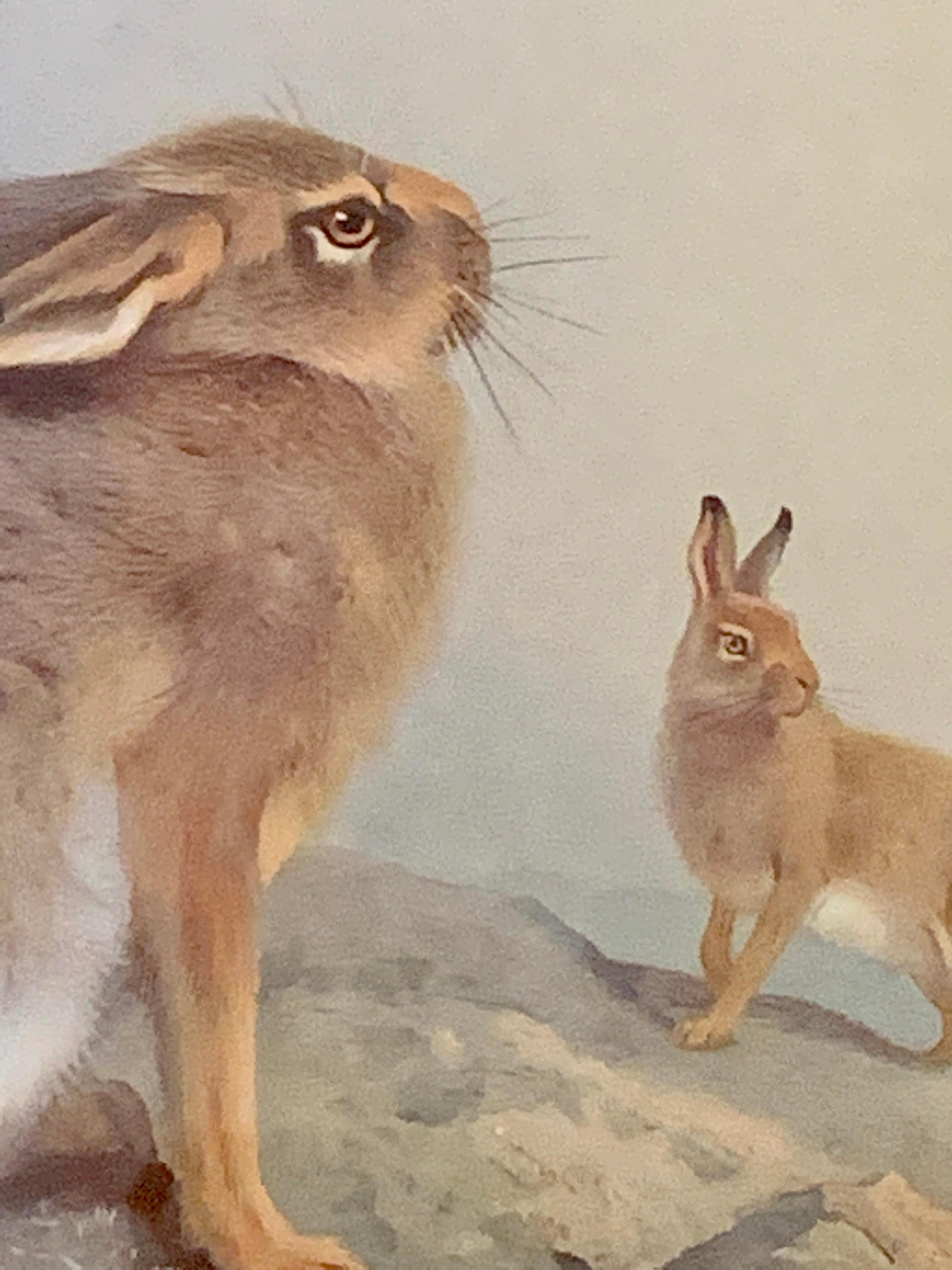 Englisches englisches frühes 20. Jahrhundert, Ein irischer Hare und ein Berghimmel in einer Landschaft (Beige), Animal Print, von Archibald Thorburn