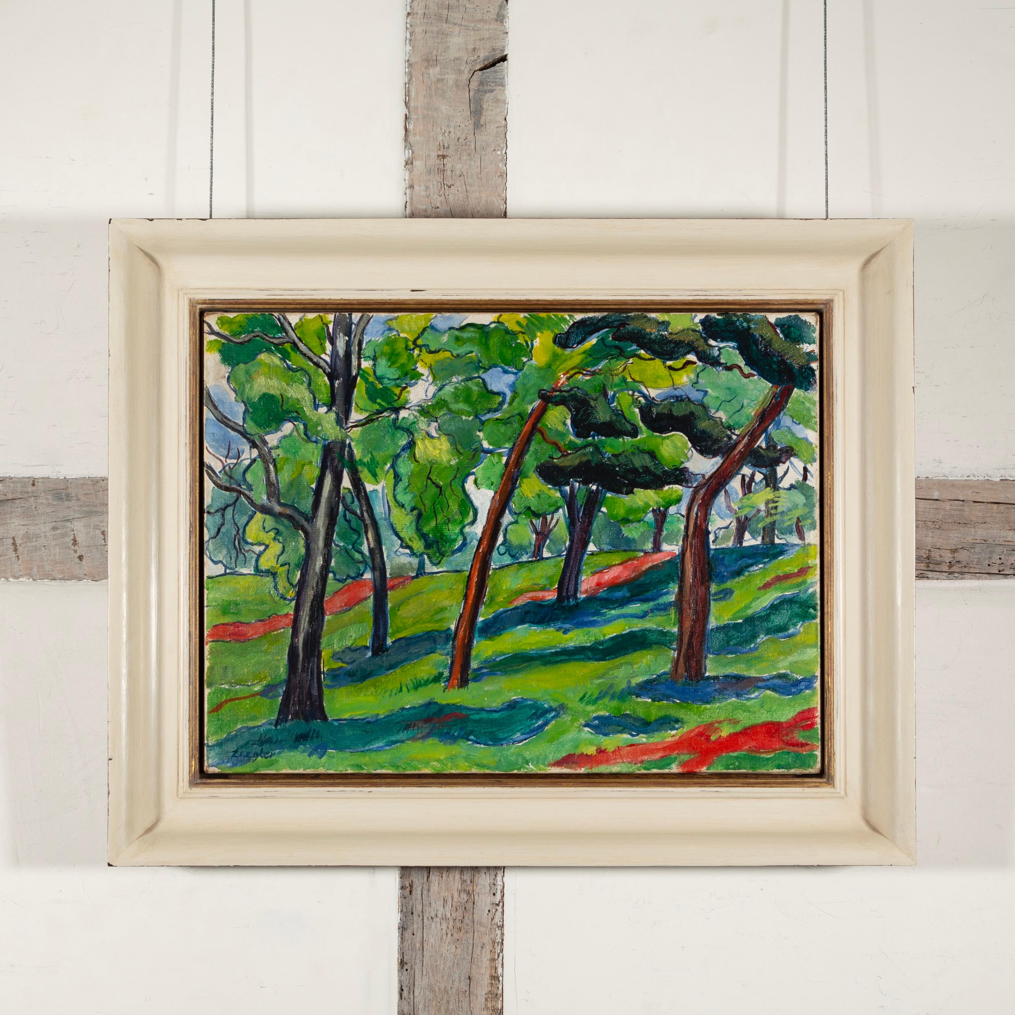 Arbres, Hampstead Heath - Peinture à l'huile de paysage du 20e siècle aux couleurs vives - Painting de Archibald Ziegler