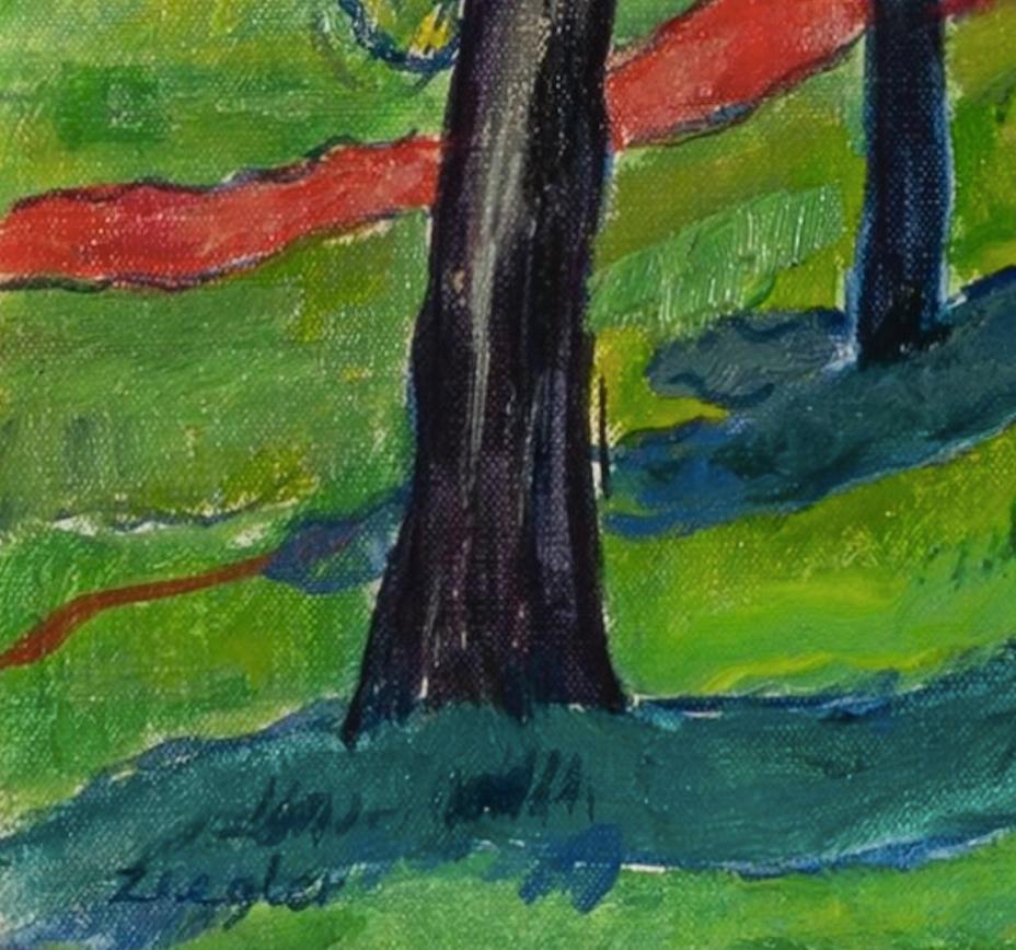 Arbres, Hampstead Heath - Peinture à l'huile de paysage du 20e siècle aux couleurs vives - Noir Landscape Painting par Archibald Ziegler