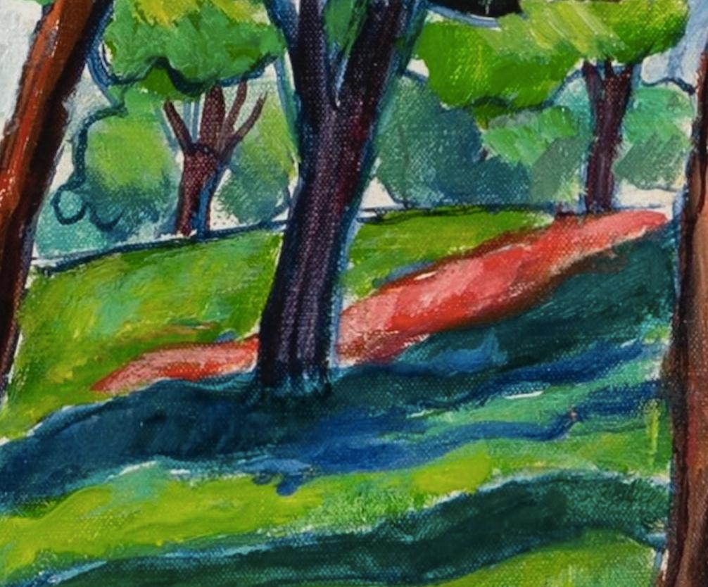 Arbres, Hampstead Heath - Peinture à l'huile de paysage du 20e siècle aux couleurs vives en vente 1