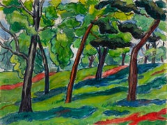Vintage Trees, Hampstead Heath - 20th Century Landscape Oil Painting in Vivid Colours