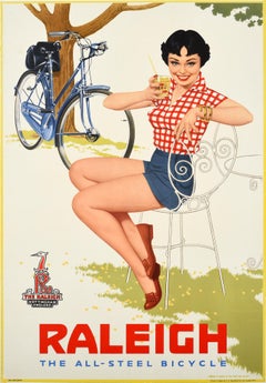 Original Vintage Raleigh The All-Steel Bicycle Poster Midcentury Pin-Up Style Ad