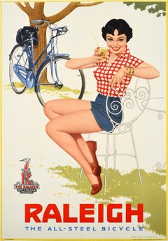 Affiche vintage originale de Raleigh The All-Steel pour une bicyclette:: style pin-up du milieu du siècle dernier