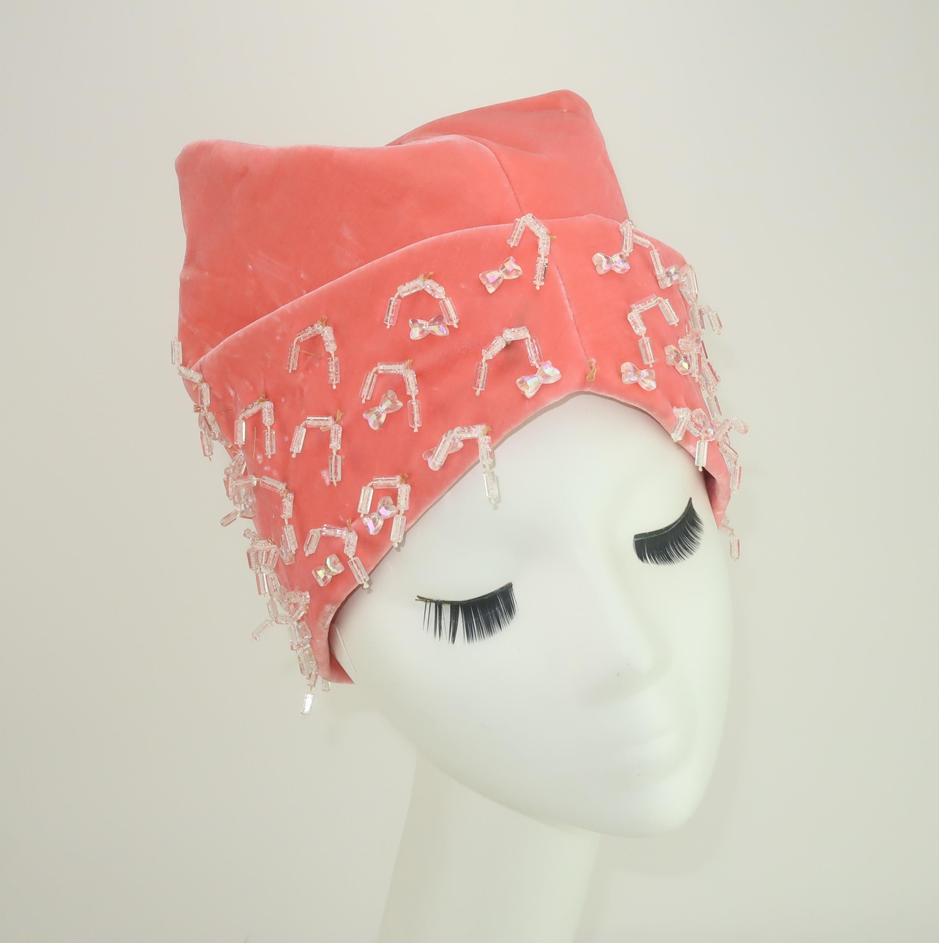 Archie Eason Beaded Peach Velvet Turban Hat, 1965 5