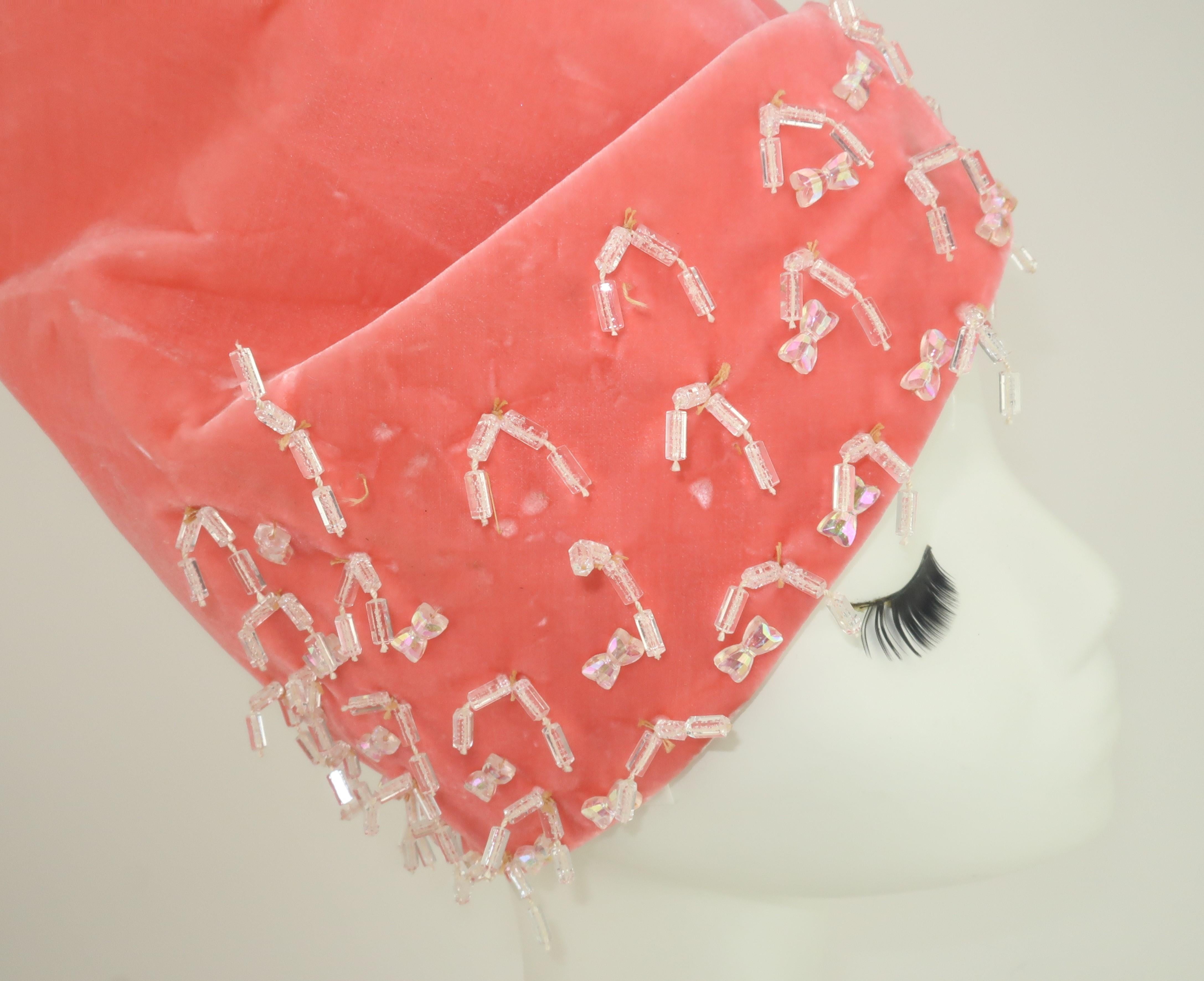 Archie Eason Beaded Peach Velvet Turban Hat, 1965 In Fair Condition In Atlanta, GA