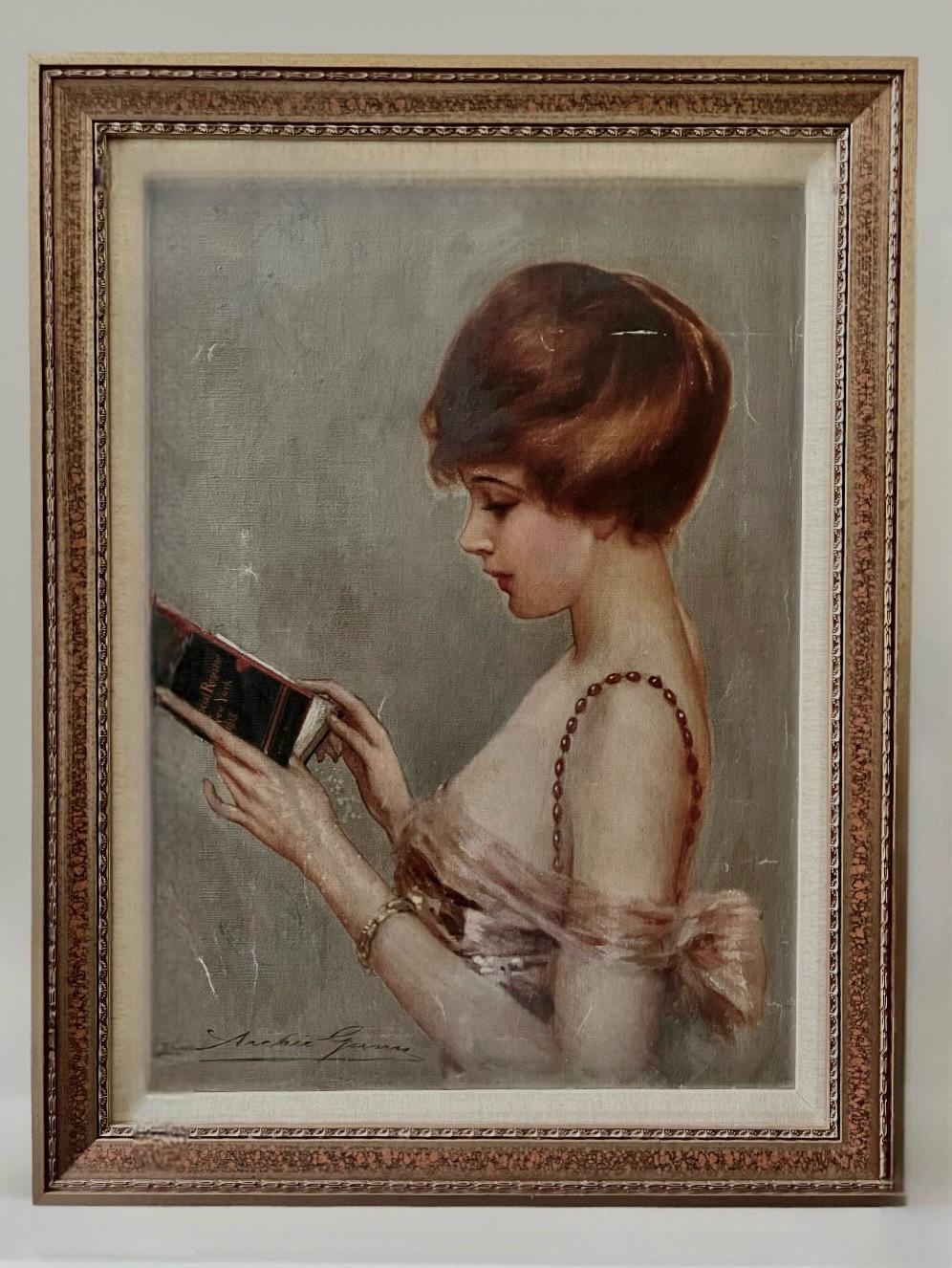 Archie Gunn, Porträt einer New Yorker Debütantin, ohne Titel, Öl auf Leinwand, um 1920.

Eine bezaubernde junge Dame mit kastanienbraunem Haar in Profilansicht, die das Social Register of New York book, 1918, liest. In einem verzierten Holzrahmen