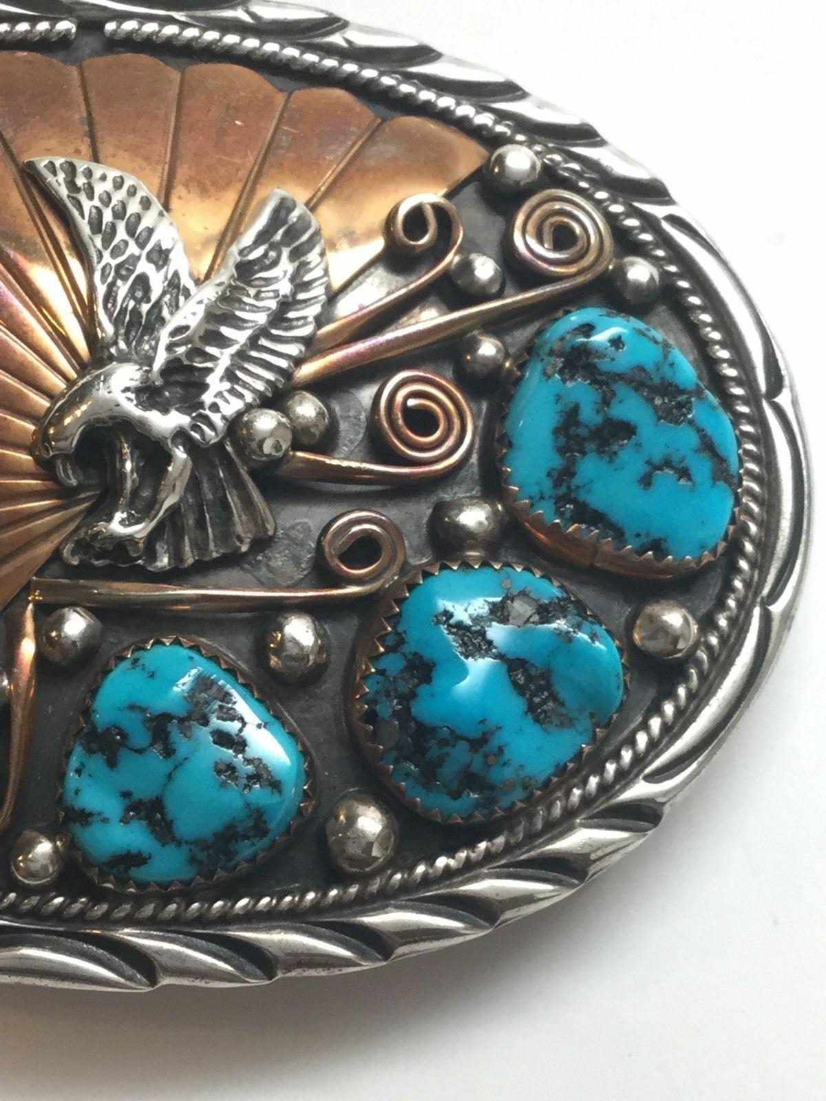 Archie Martinez Navajo Sterling Silver and Gold Plated Turquoise Belt Buckle In Good Condition In Washington Depot, CT