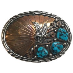 Vintage Archie Martinez Navajo Sterling Silver and Gold Plated Turquoise Belt Buckle