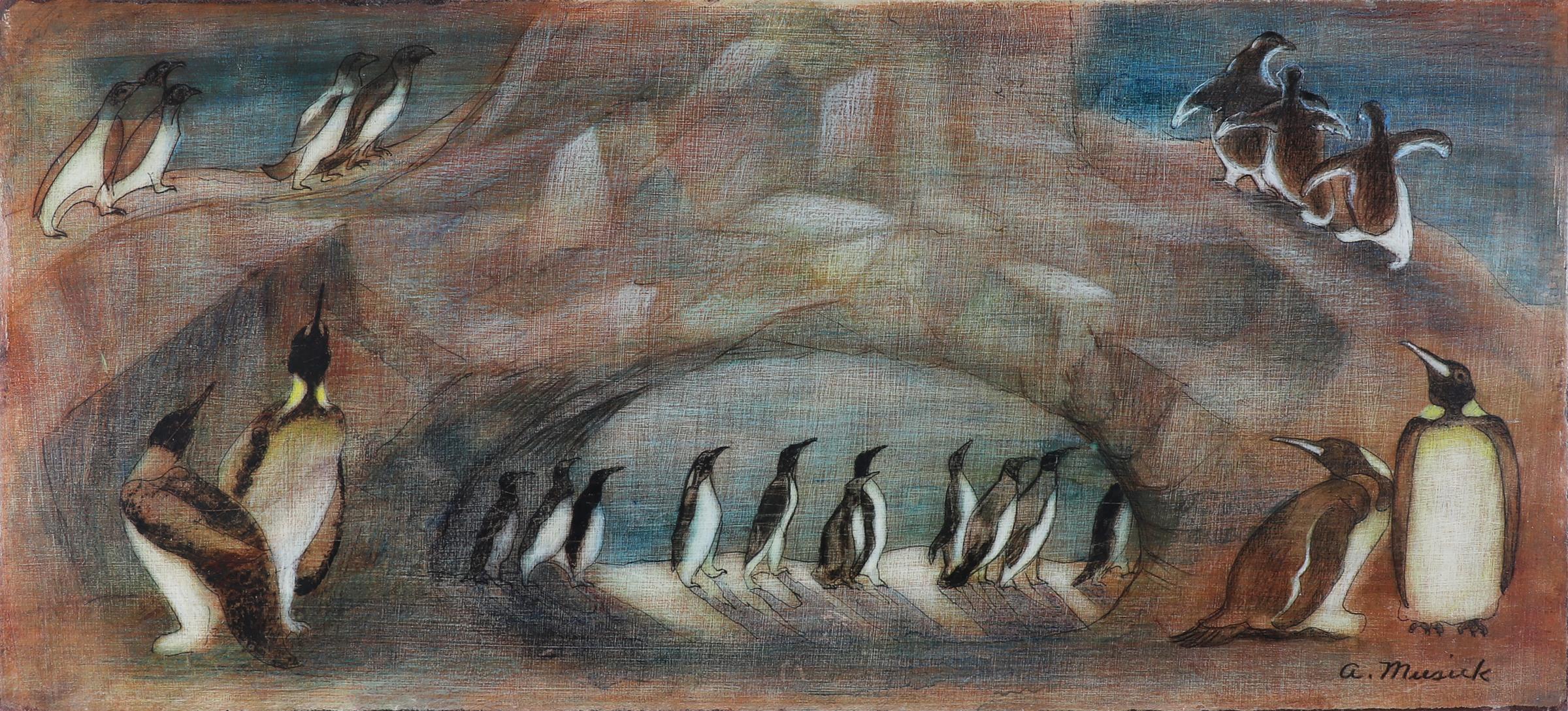 Peinture Tempera moderniste américaine, Pingouins dans un paysage enneigé, bleu et blanc - Painting de Archie Musick
