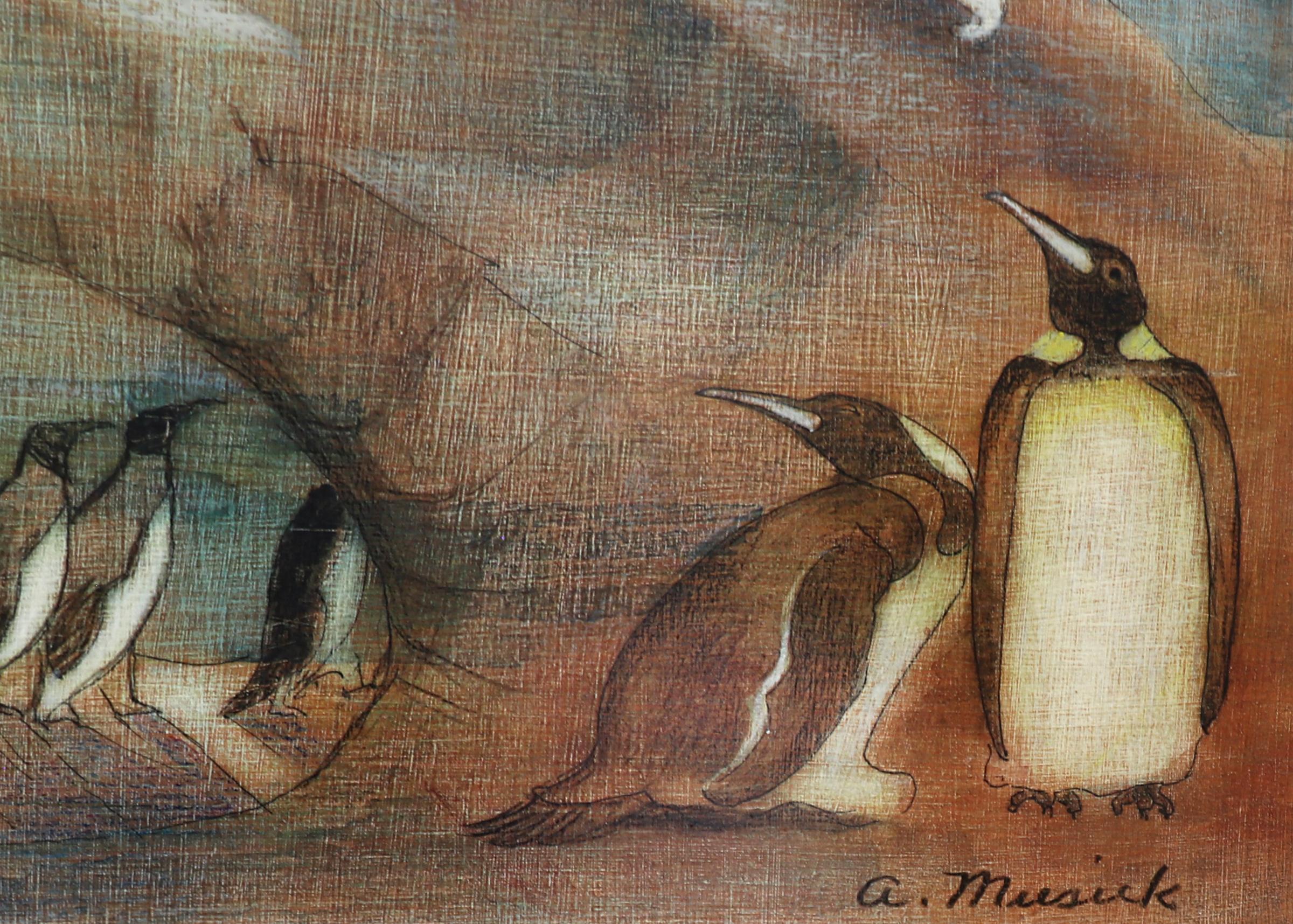 Peinture Tempera moderniste américaine, Pingouins dans un paysage enneigé, bleu et blanc - Modernisme américain Painting par Archie Musick