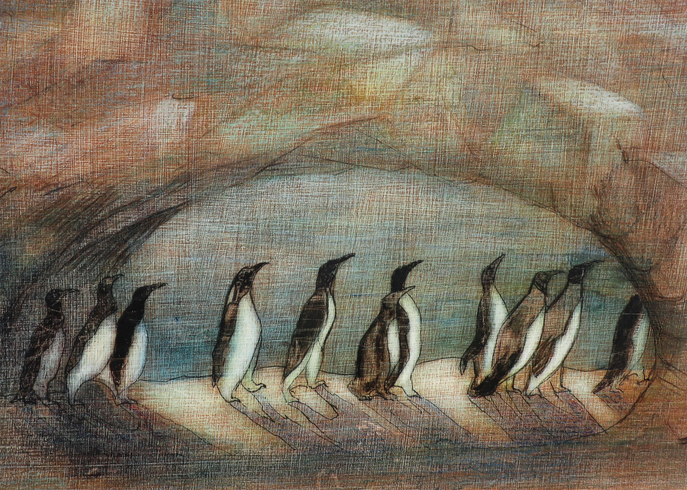 Peinture Tempera moderniste américaine, Pingouins dans un paysage enneigé, bleu et blanc - Marron Animal Painting par Archie Musick