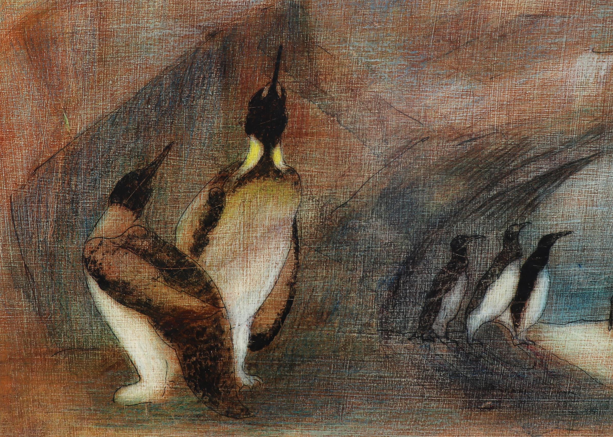 Peinture originale à la détrempe sur masonite d'Archie Musick (1902-1978). Signé par l'artiste dans le coin inférieur droit. L'image représente un paysage avec des pingouins marchant dans un paysage enneigé et hivernal. Il est peint en jaune, bleu,