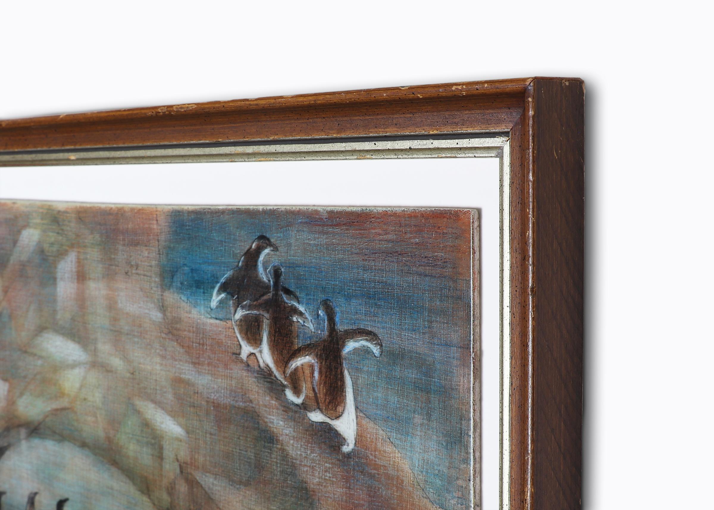 Peinture Tempera moderniste américaine, Pingouins dans un paysage enneigé, bleu et blanc en vente 3