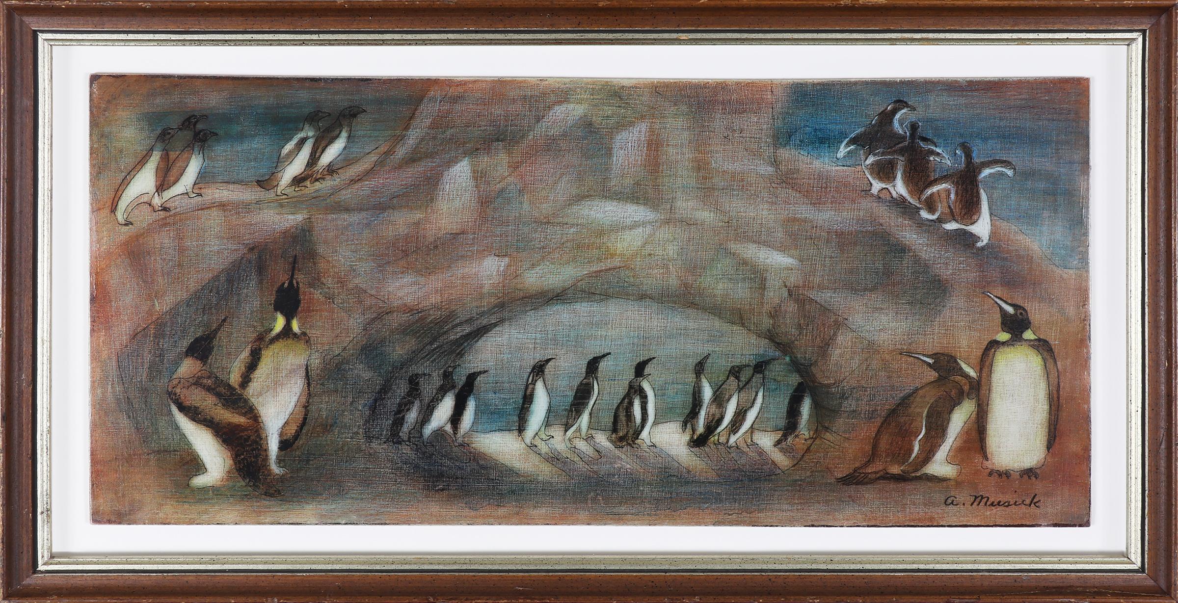 Animal Painting Archie Musick - Peinture Tempera moderniste américaine, Pingouins dans un paysage enneigé, bleu et blanc