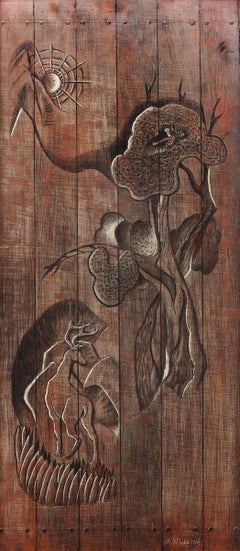 The Carved Door – Semi-Abstract Tempera Landscape Painting with Flora & Fauna