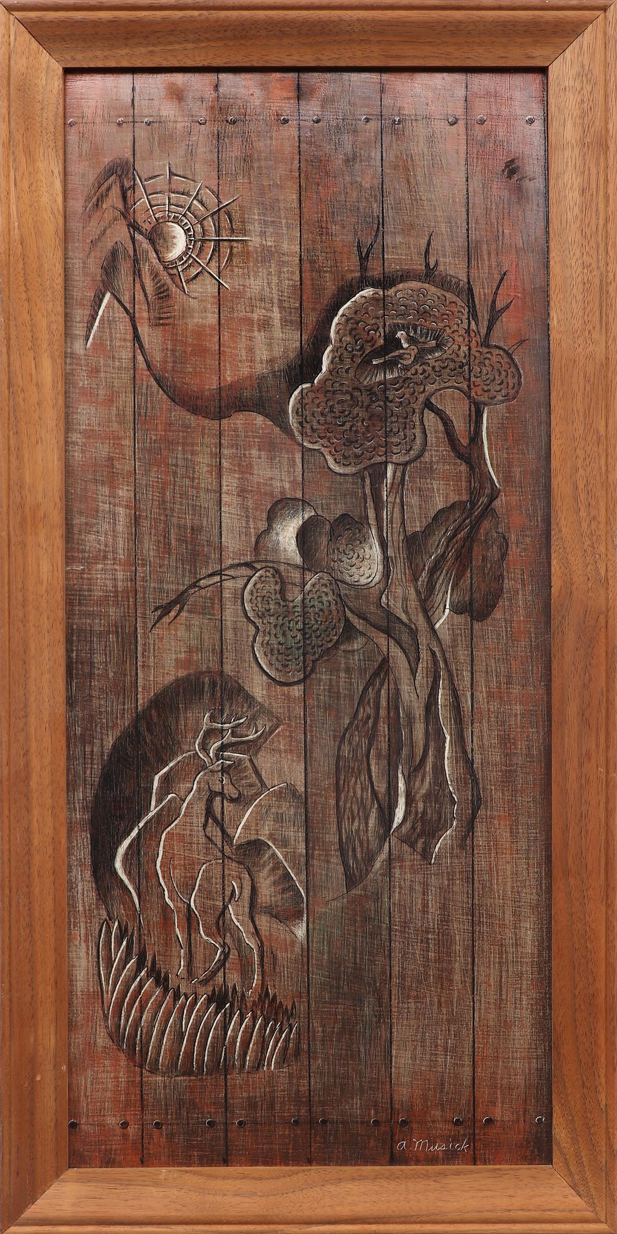 Archie Musick Animal Painting - The Carved Door, Semi-Abstract Tempera Landscape Painting with Flora and Fauna 