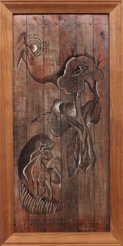 Vintage The Carved Door, Semi-Abstract Tempera Landscape Painting with Flora and Fauna 