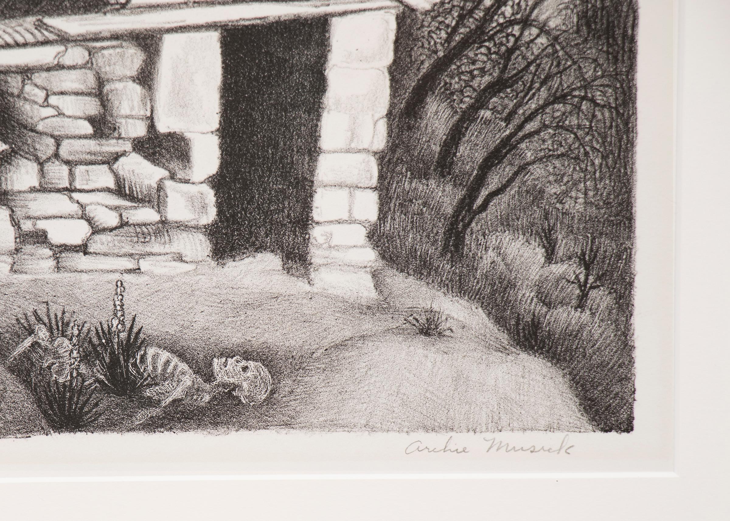 Cabine de Prospector, lithographie moderniste encadrée en noir et blanc de l'ère WPA des années 1930 en vente 1