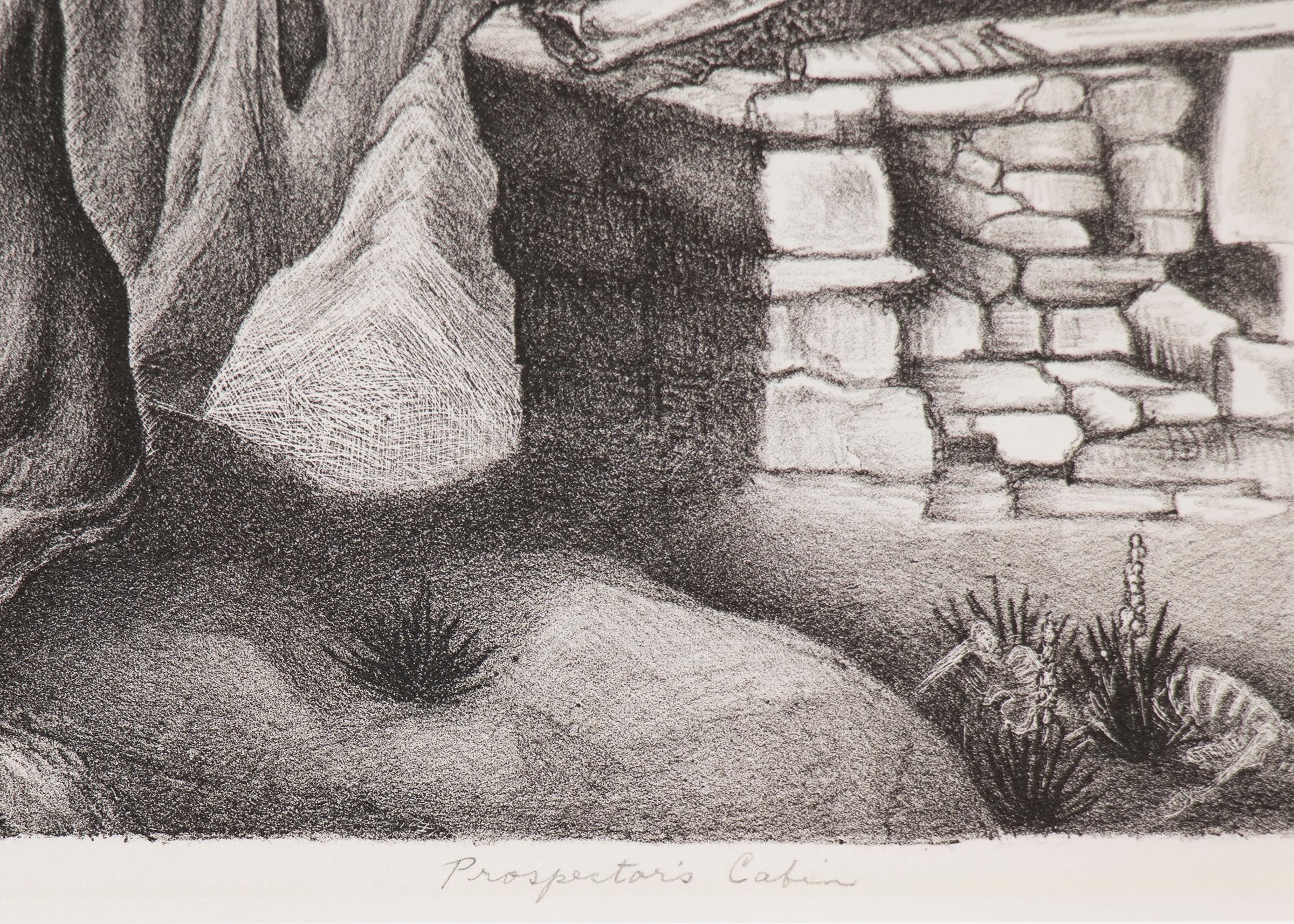 Cabine de Prospector, lithographie moderniste encadrée en noir et blanc de l'ère WPA des années 1930 en vente 2