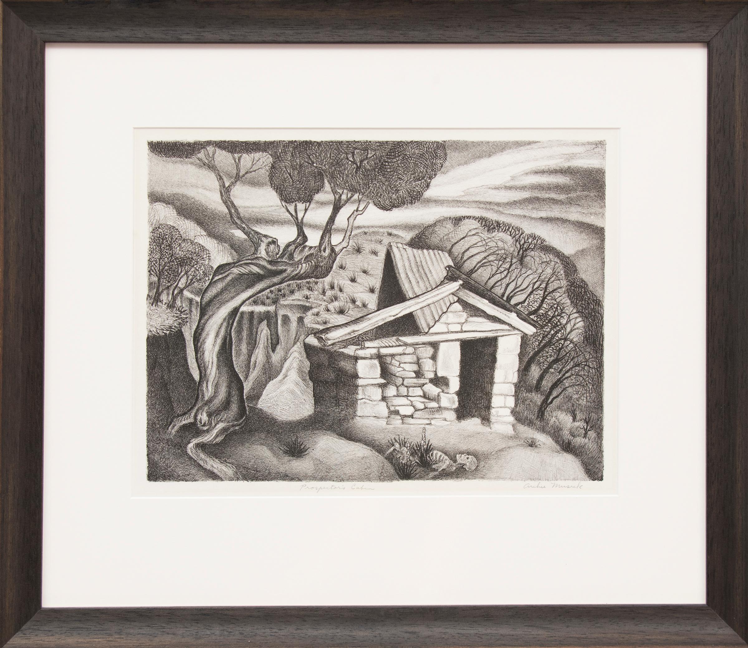 Prospector's Cabin, 1930s WPA Era Modernist Black White Framed Lithograph - Print by Archie Musick