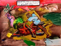 Peinture à l'huile de caricature expressionniste biblique moderniste judaïque de David et Goliath