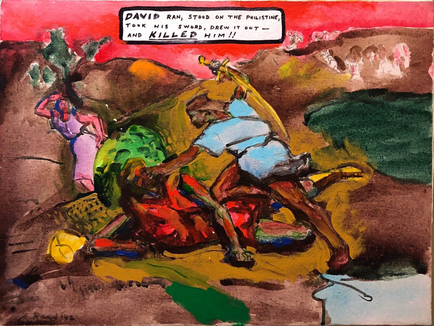Modernist Judaica David And Goliath Biblical Expressionist Cartoon Oil Painting