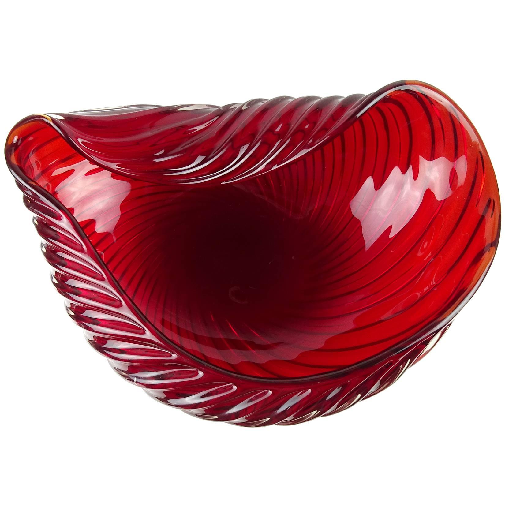 Mid-Century Modern Archimede Seguso Murano 1955 Ruby Red Italian Art Glass Ribbed Centerpiece Bowl