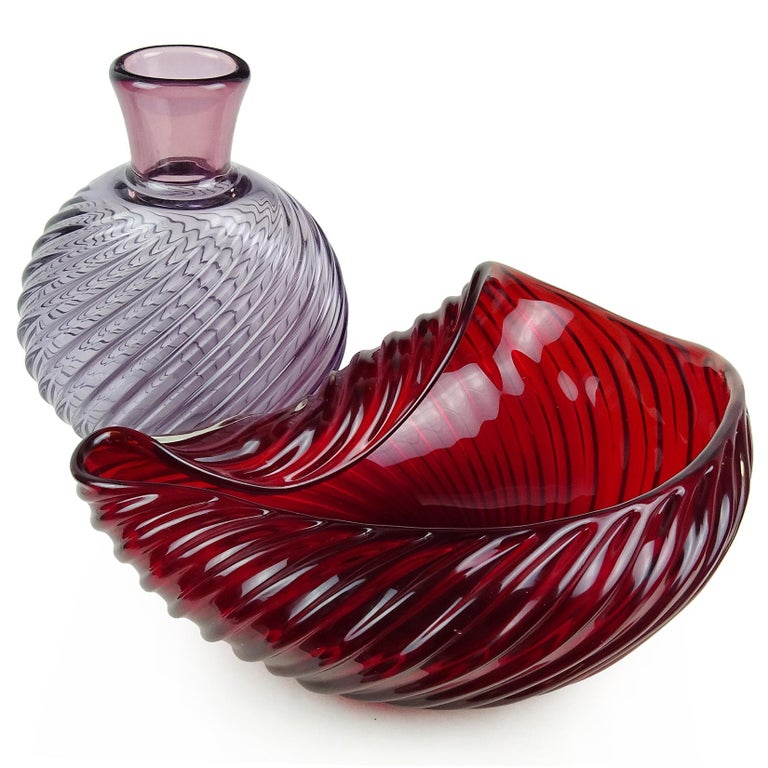 Archimede Seguo Murano 1955 Ruby Red Italian Art Glass Ribbed Centerpiece Bowl For Sale at 1stdibs