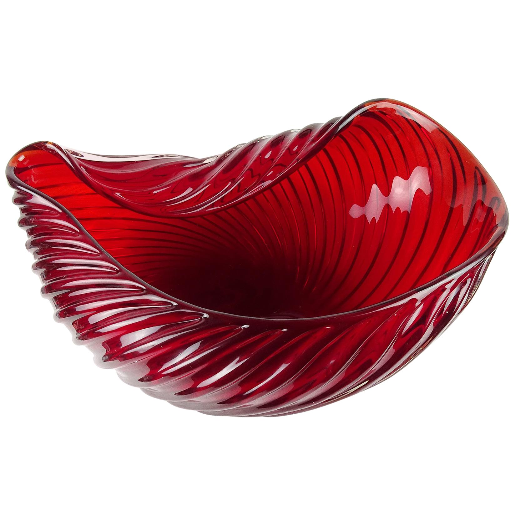 Archimede Seguso Murano 1955 Ruby Red Italian Art Glass Ribbed Centerpiece Bowl