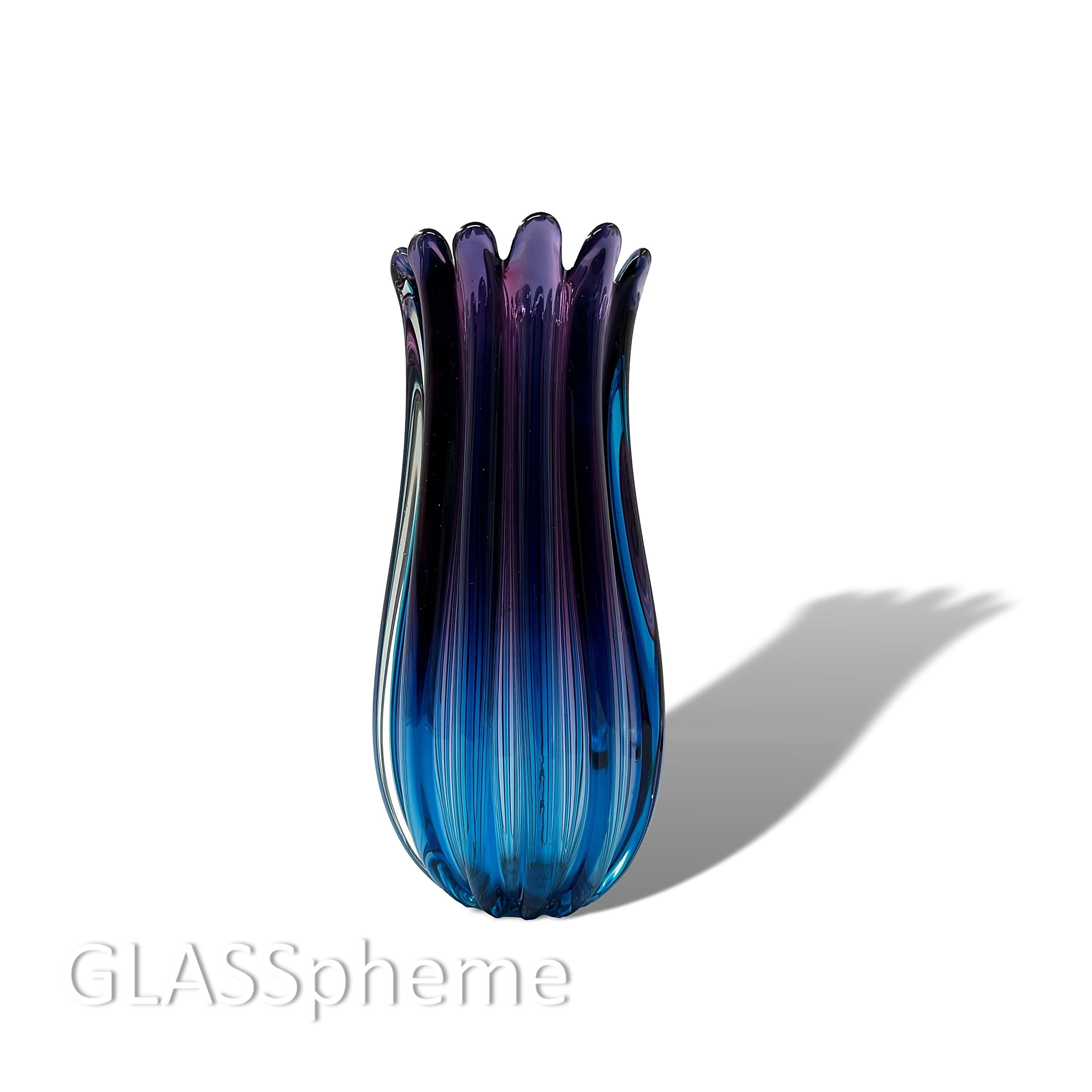 Archimede SEGUSO 12"+ MCM MURANO Scalloped Ribbed Sommerso Glass Vase